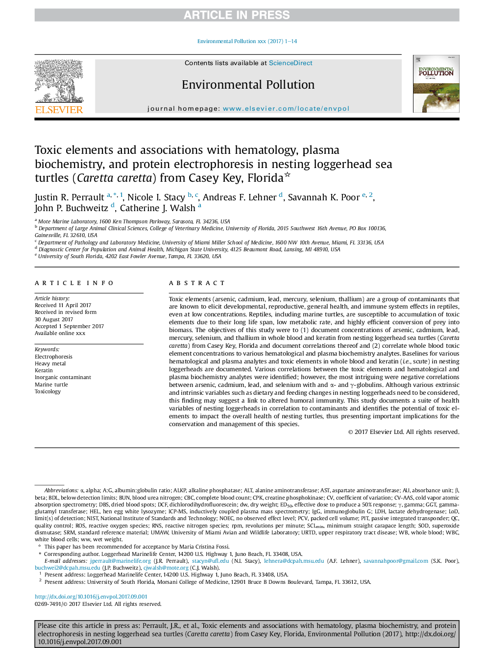 Toxic elements and associations with hematology, plasma biochemistry, and protein electrophoresis in nesting loggerhead sea turtles (Caretta caretta) from Casey Key, Florida