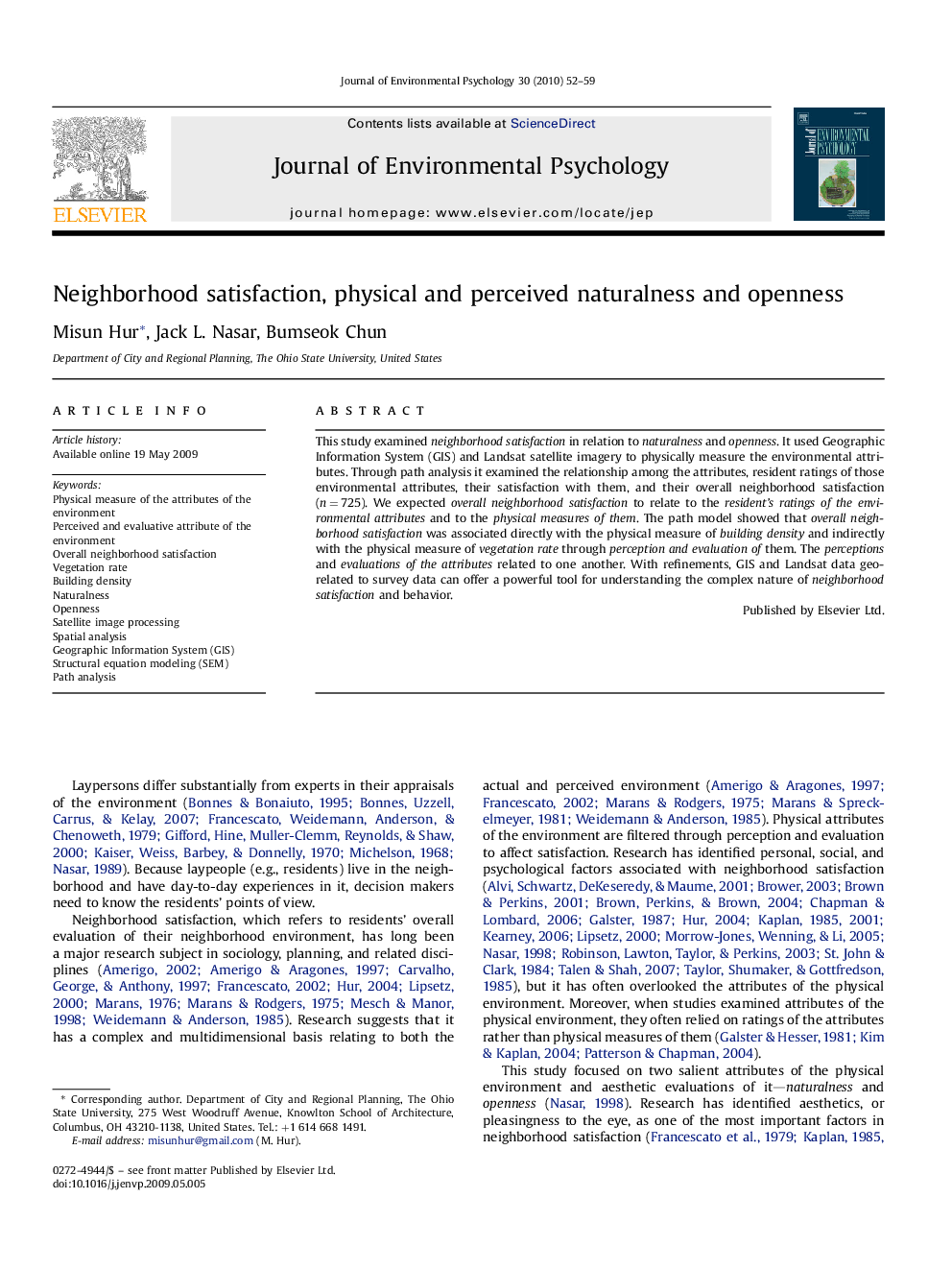 Neighborhood satisfaction, physical and perceived naturalness and openness