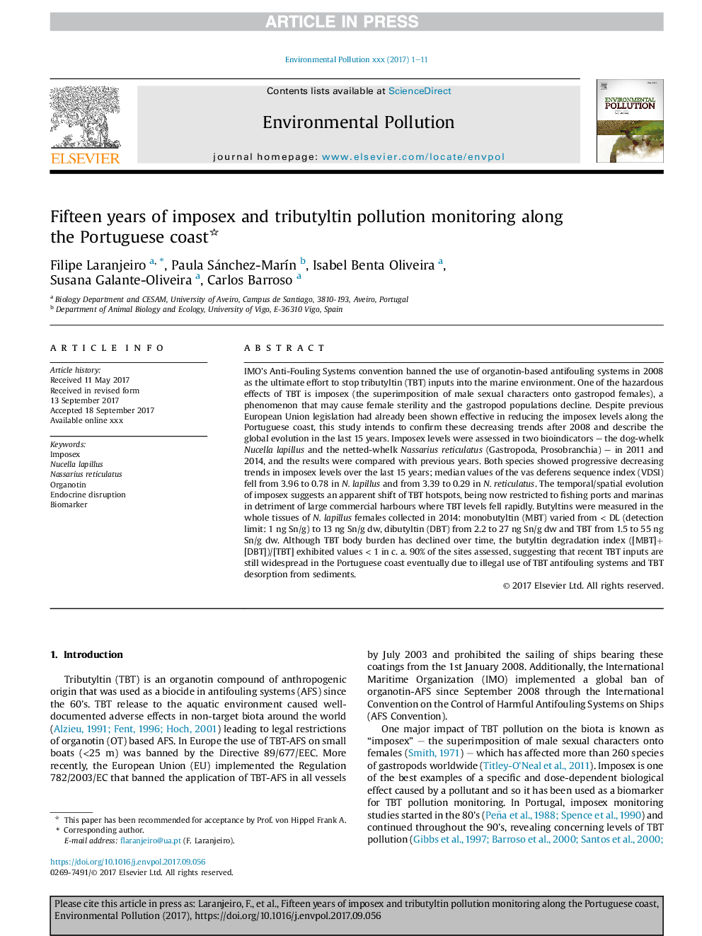 Fifteen years of imposex and tributyltin pollution monitoring along the Portuguese coast