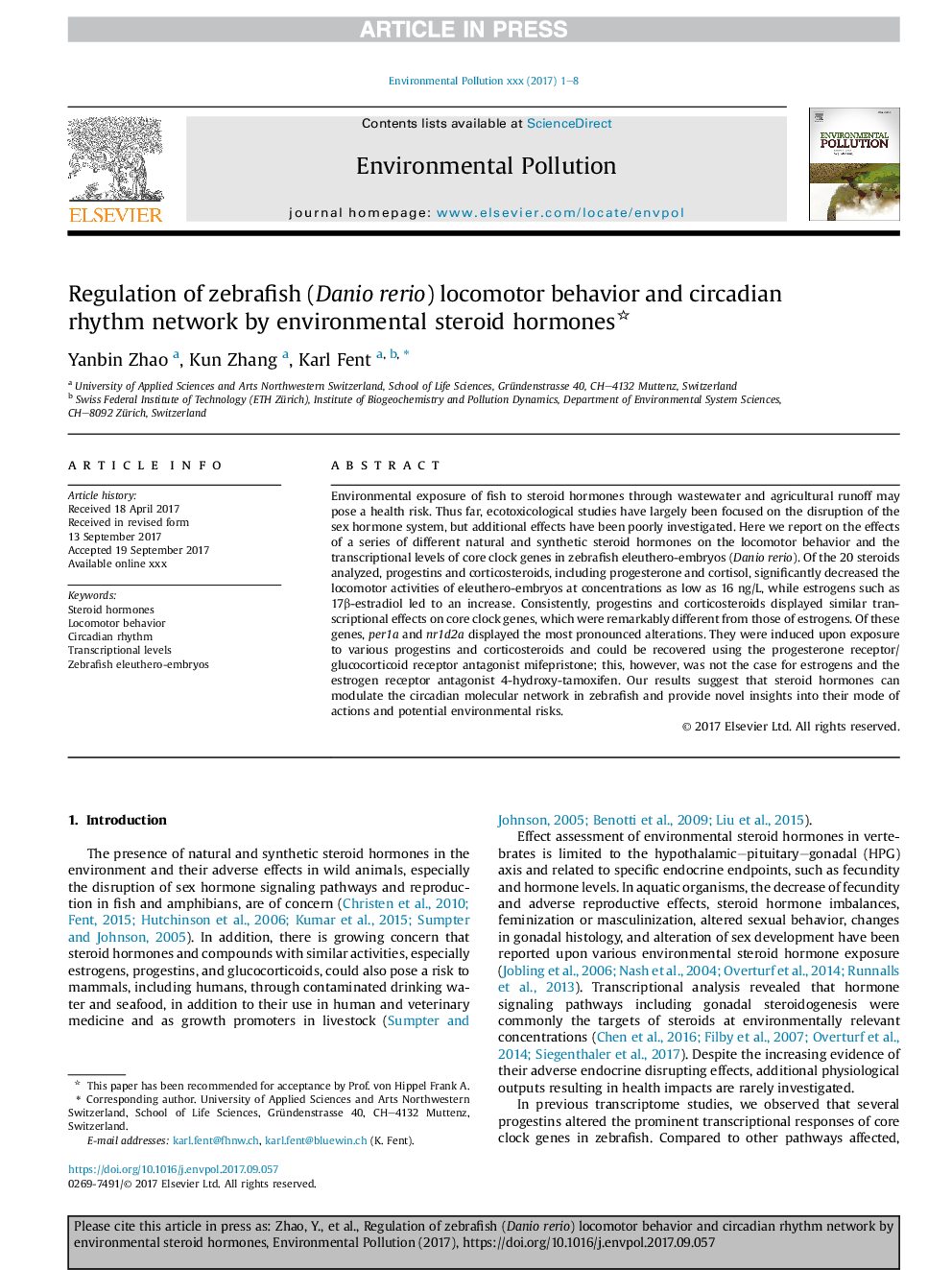 Regulation of zebrafish (Danio rerio) locomotor behavior and circadian rhythm network by environmental steroid hormones