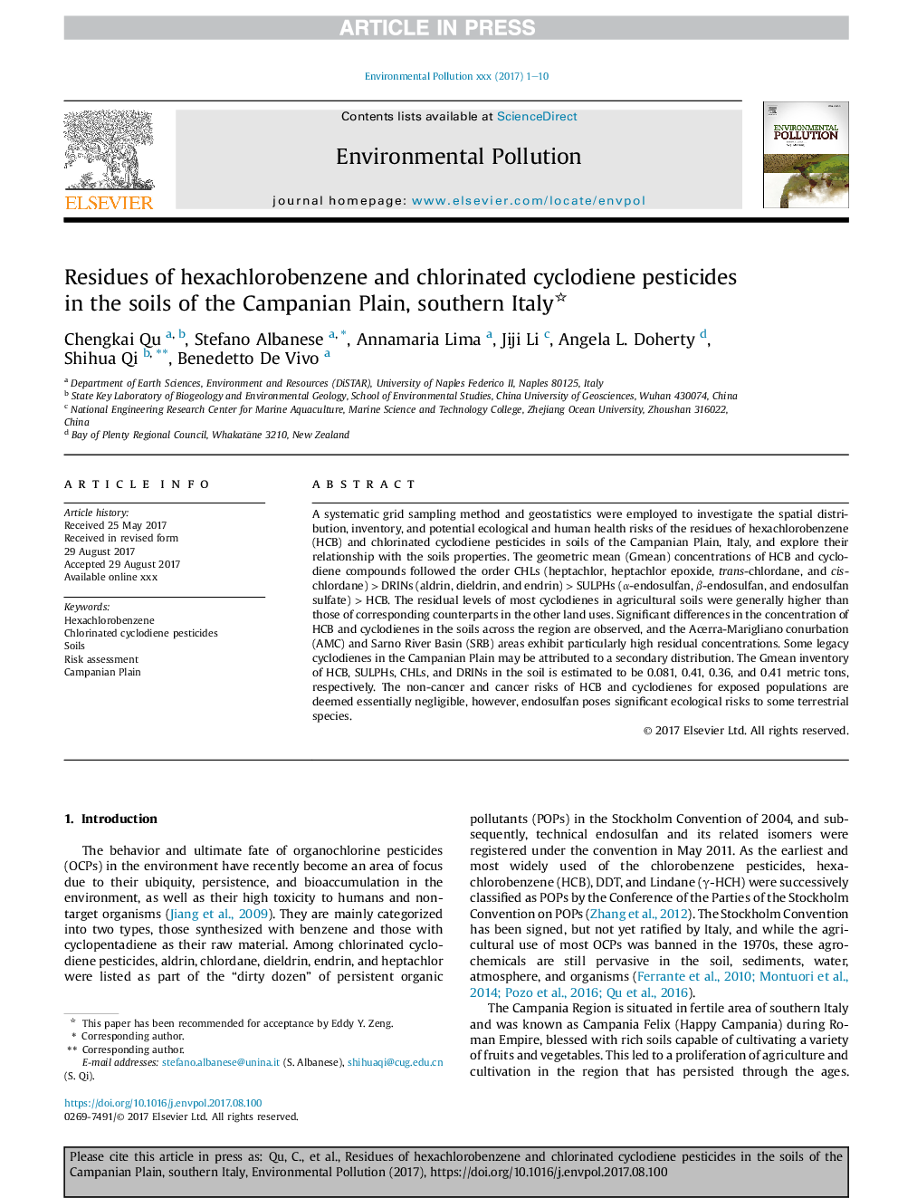 باقی مانده های هگزاکلروبنزل و آفت کش های چلندیدی کلر در خاک های دون کامپانی جنوبی ایتالیا 