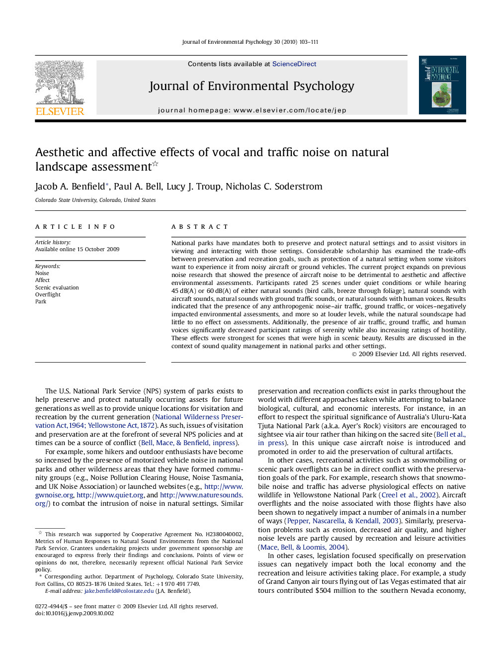 Aesthetic and affective effects of vocal and traffic noise on natural landscape assessment 