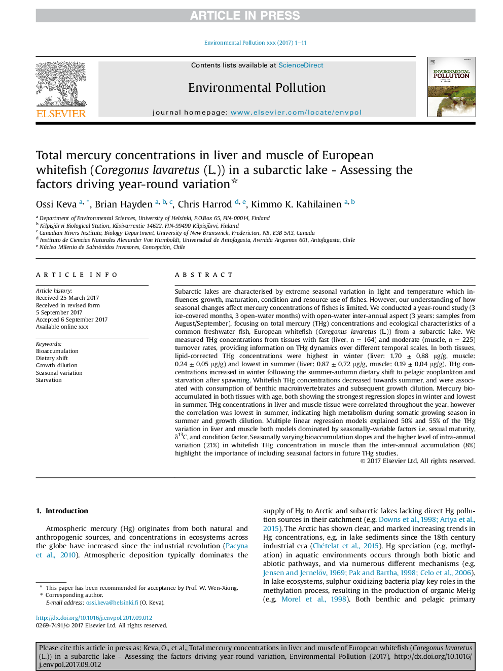 Total mercury concentrations in liver and muscle of European whitefish (Coregonus lavaretus (L.)) in a subarctic lake - Assessing the factors driving year-round variation