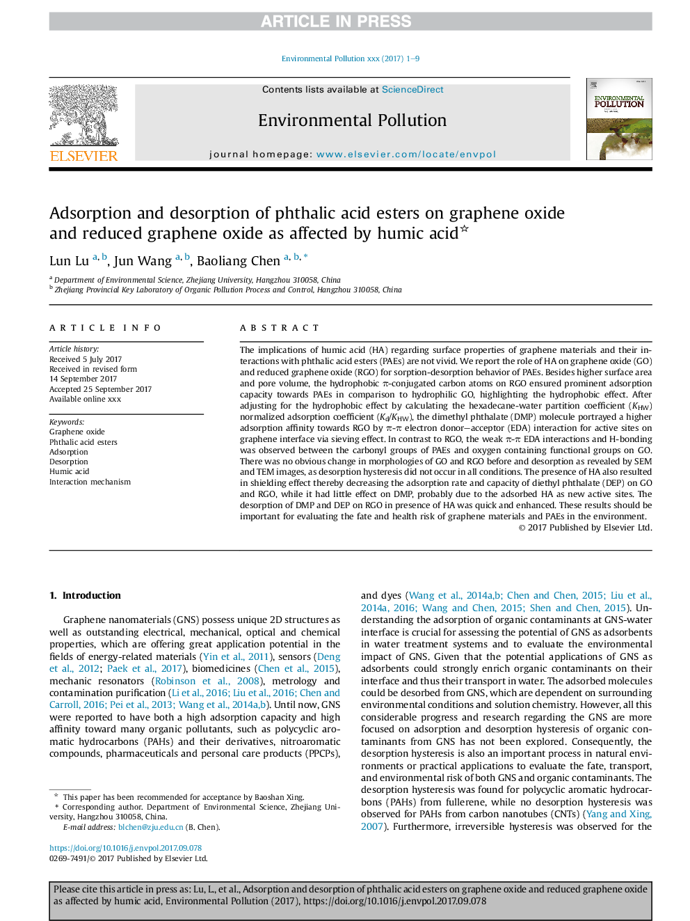 Adsorption and desorption of phthalic acid esters on graphene oxide and reduced graphene oxide as affected by humic acid