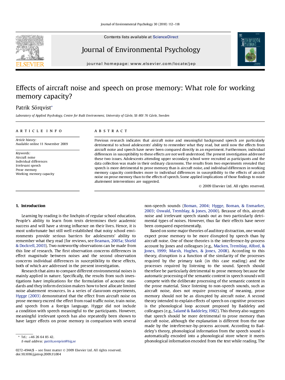 Effects of aircraft noise and speech on prose memory: What role for working memory capacity?