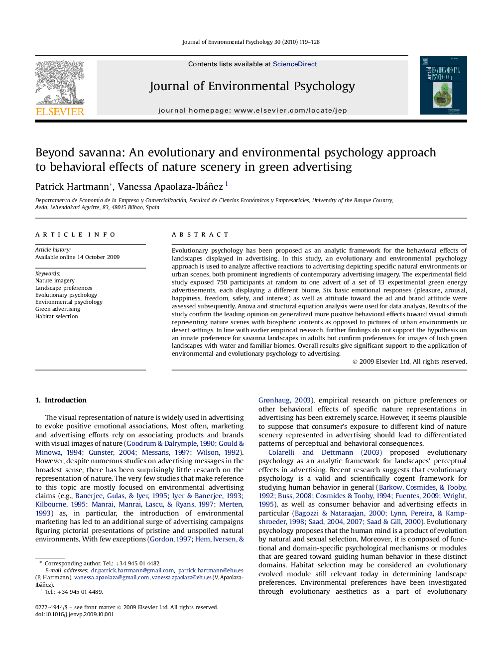 Beyond savanna: An evolutionary and environmental psychology approach to behavioral effects of nature scenery in green advertising