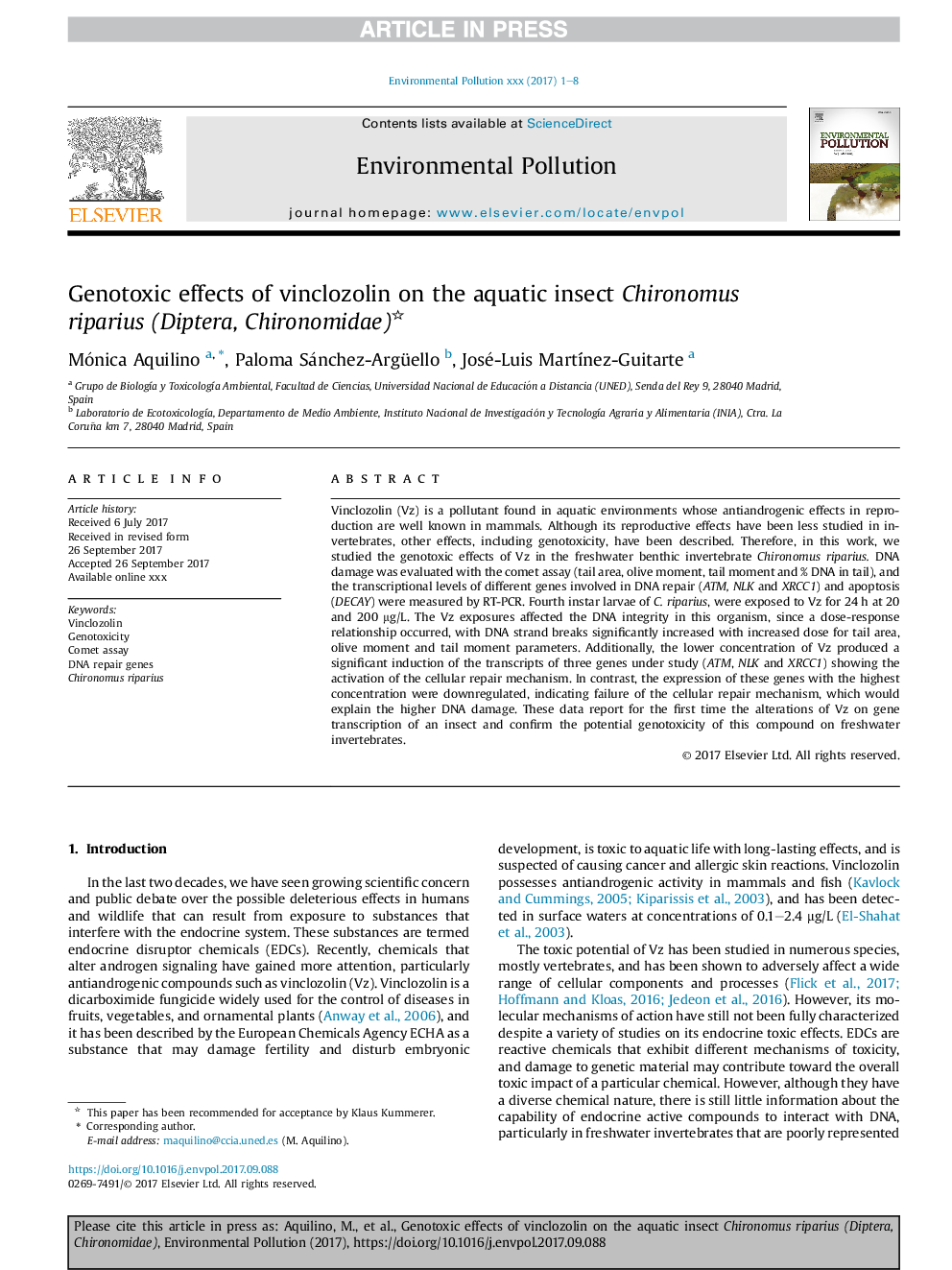 Genotoxic effects of vinclozolin on the aquatic insect Chironomus riparius (Diptera, Chironomidae)