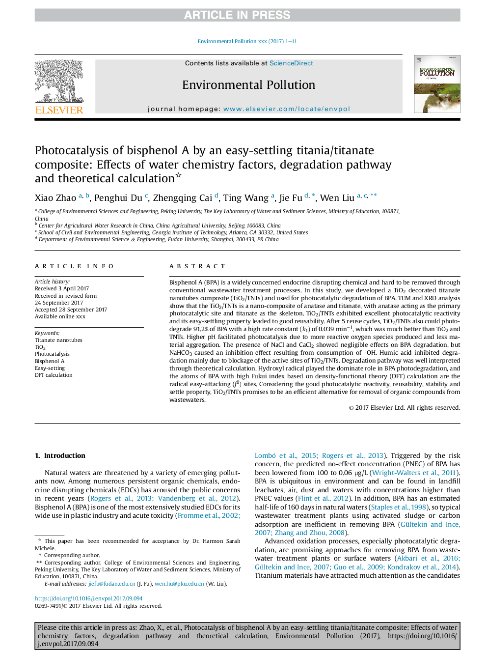 Photocatalysis of bisphenol A by an easy-settling titania/titanate composite: Effects of water chemistry factors, degradation pathway and theoretical calculation