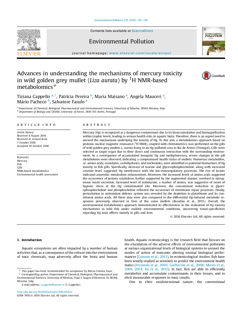 Advances in understanding the mechanisms of mercury toxicity inÂ wild golden grey mullet (Liza aurata) by 1H NMR-based metabolomics