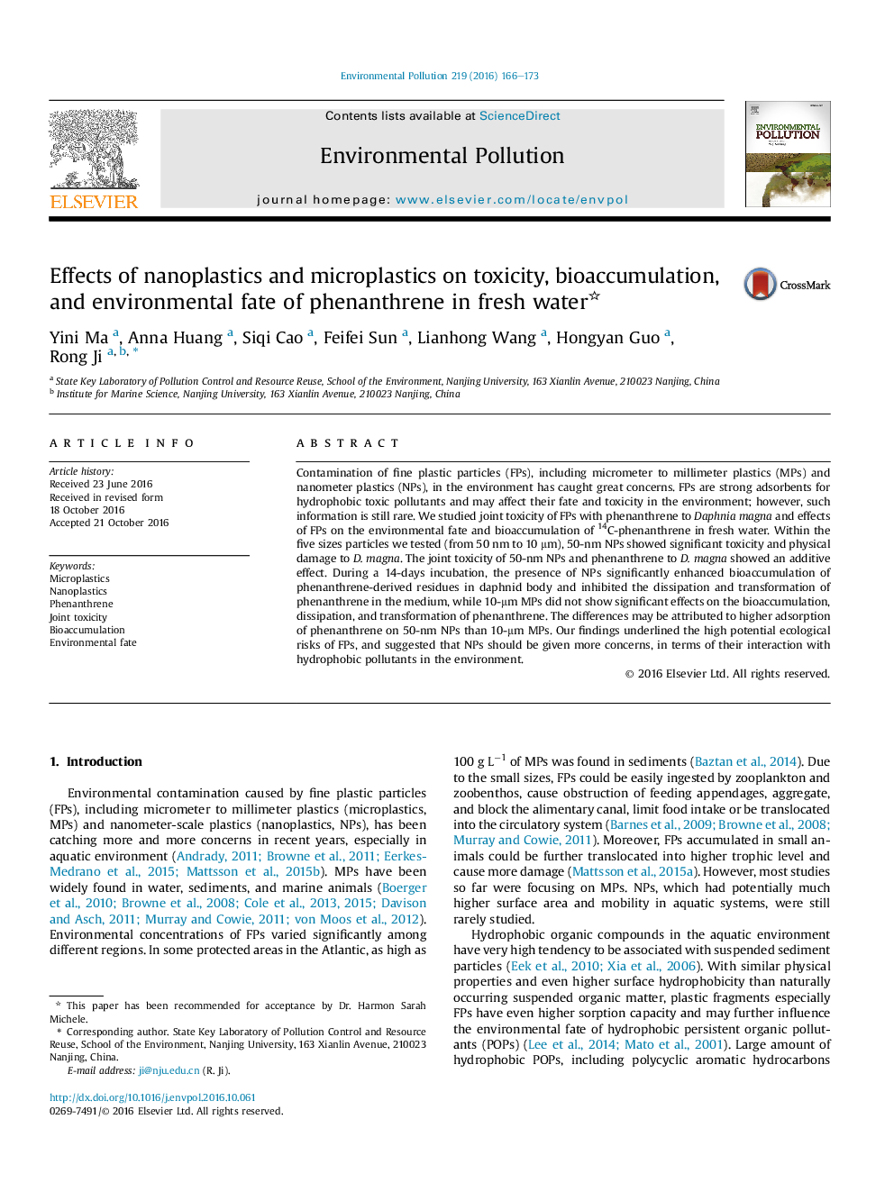 Effects of nanoplastics and microplastics on toxicity, bioaccumulation, and environmental fate of phenanthrene in fresh water