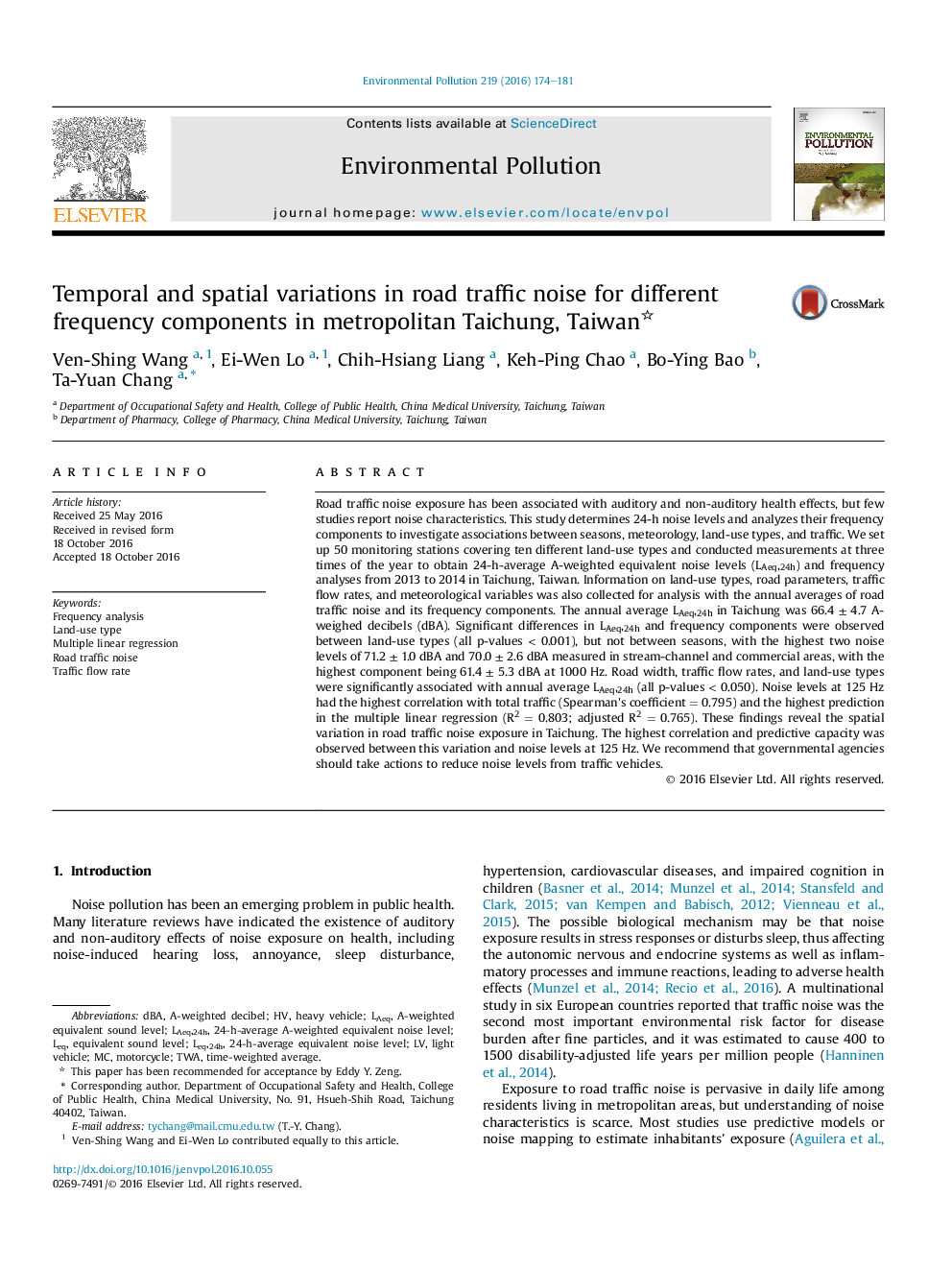 Temporal and spatial variations in road traffic noise for different frequency components in metropolitan Taichung, Taiwan