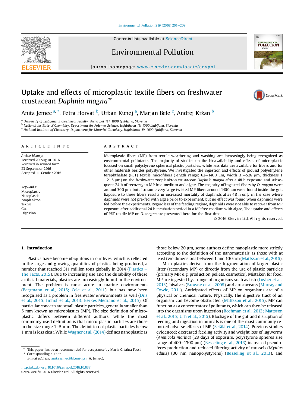 Uptake and effects of microplastic textile fibers on freshwater crustacean Daphnia magna