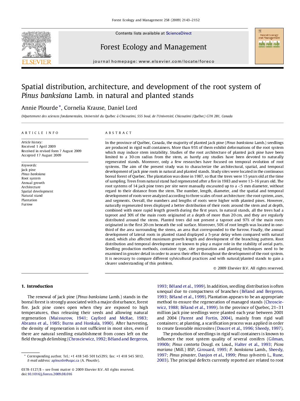 Spatial distribution, architecture, and development of the root system of Pinus banksiana Lamb. in natural and planted stands