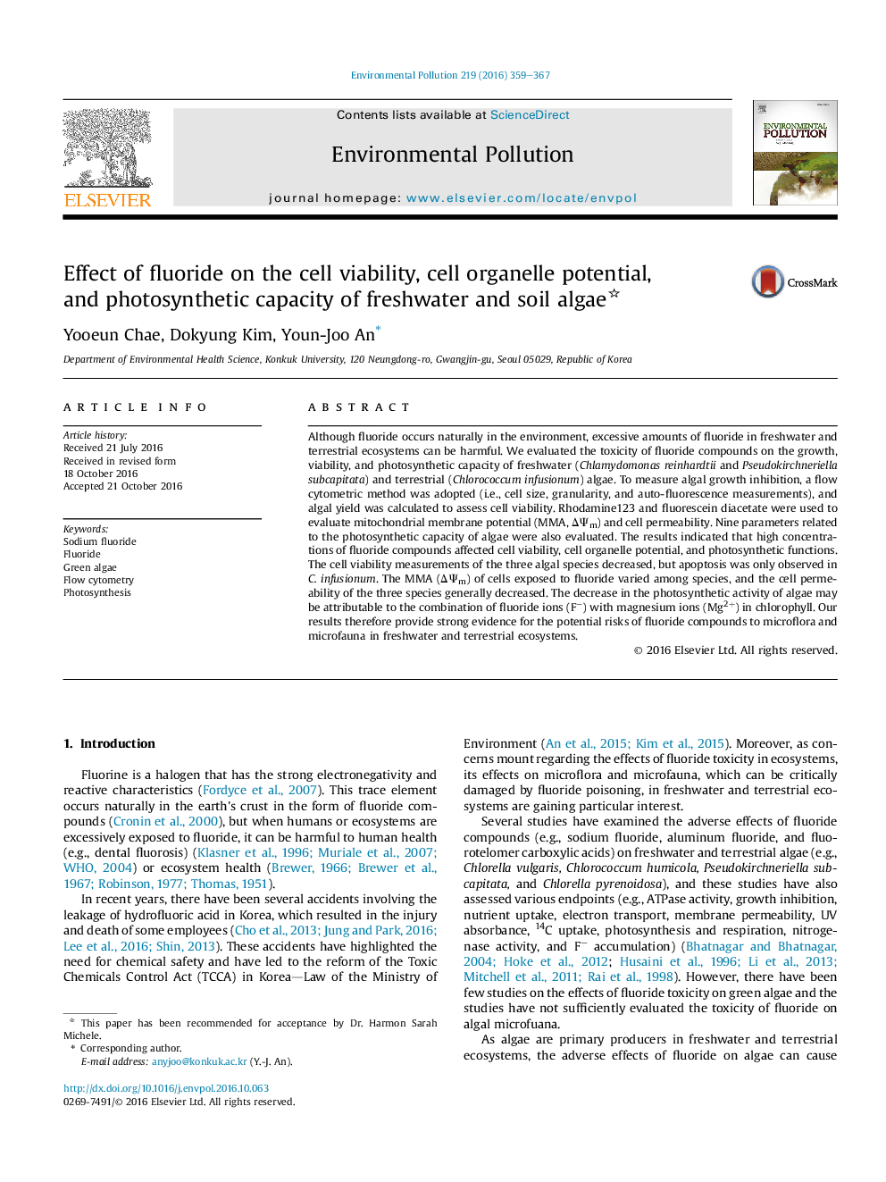 عکس صفحه اول مقاله: Effect of fluoride on the cell viability, cell organelle potential, and photosynthetic capacity of freshwater and soil algae Effect of fluoride on the cell viability, cell organelle potential, and photosynthetic capacity of freshwater and soil algae