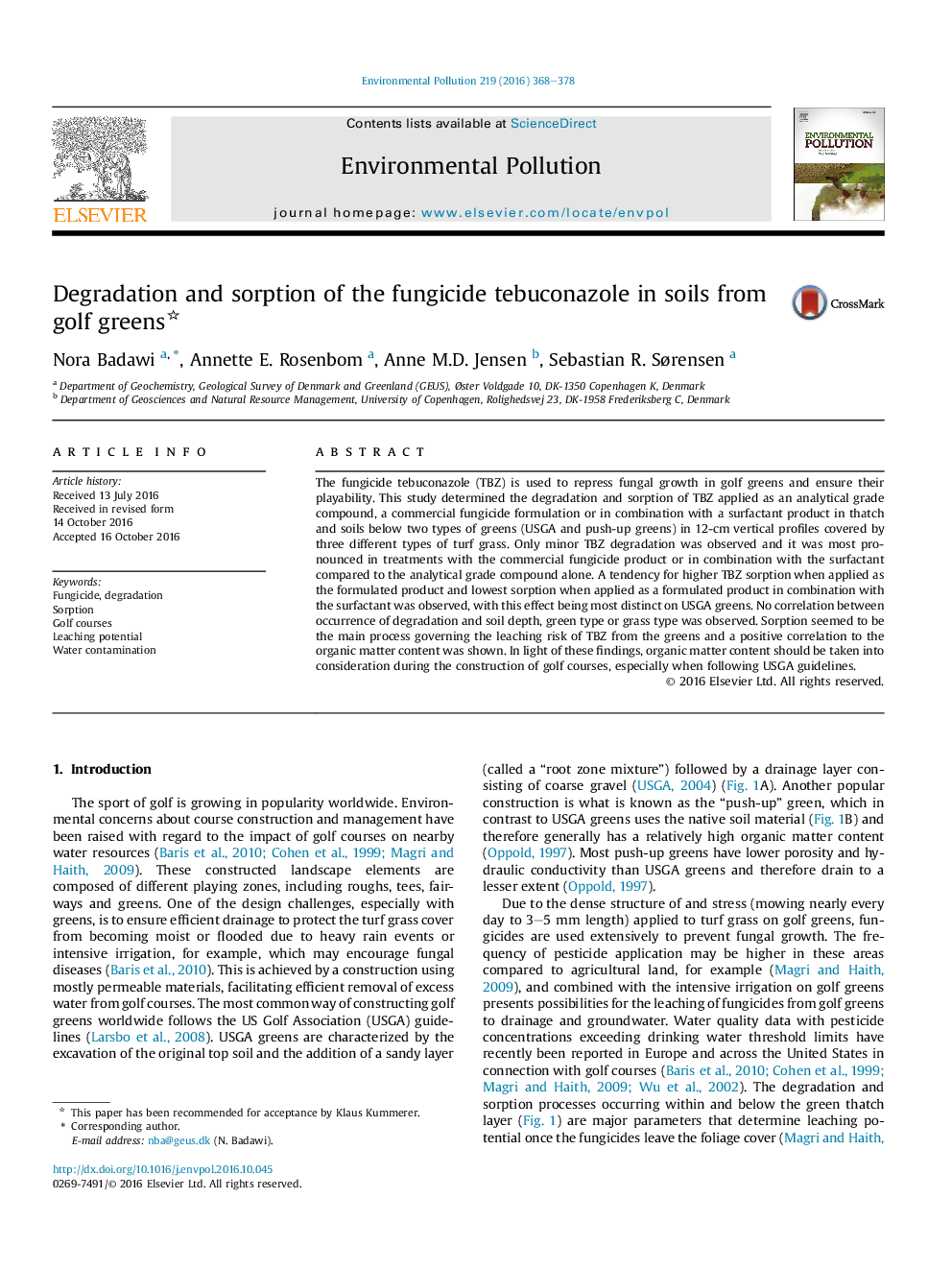 Degradation and sorption of the fungicide tebuconazole in soils from golf greens