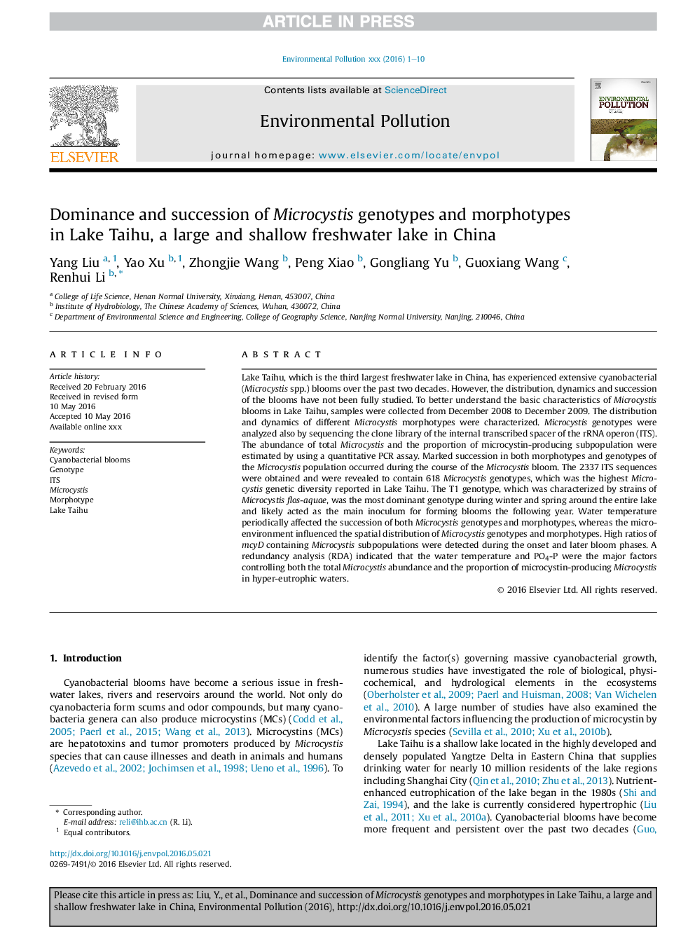 Dominance and succession of Microcystis genotypes and morphotypes in Lake Taihu, a large and shallow freshwater lake in China