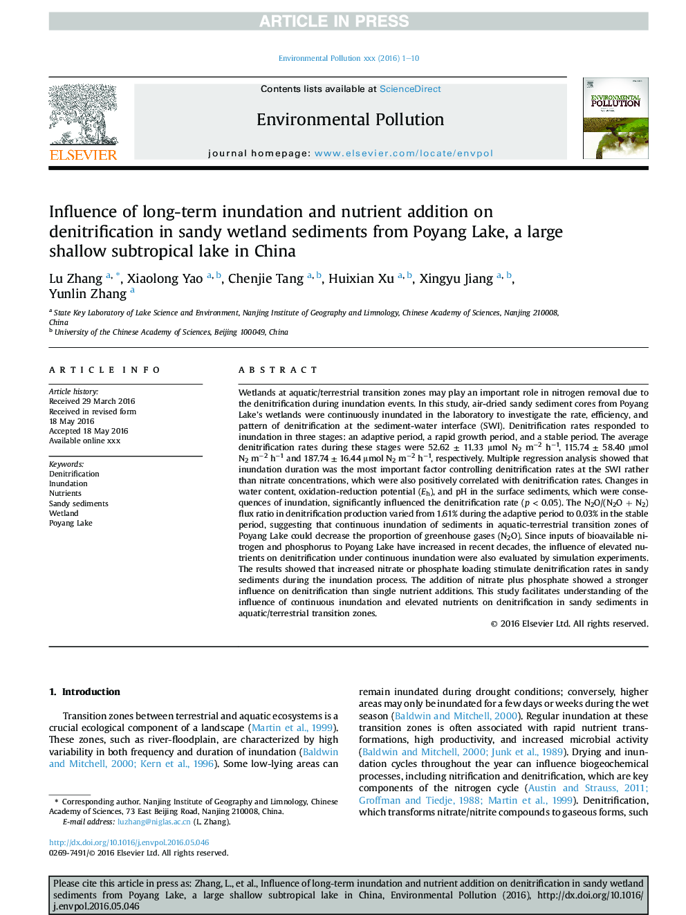 Influence of long-term inundation and nutrient addition on denitrification in sandy wetland sediments from Poyang Lake, a large shallow subtropical lake in China