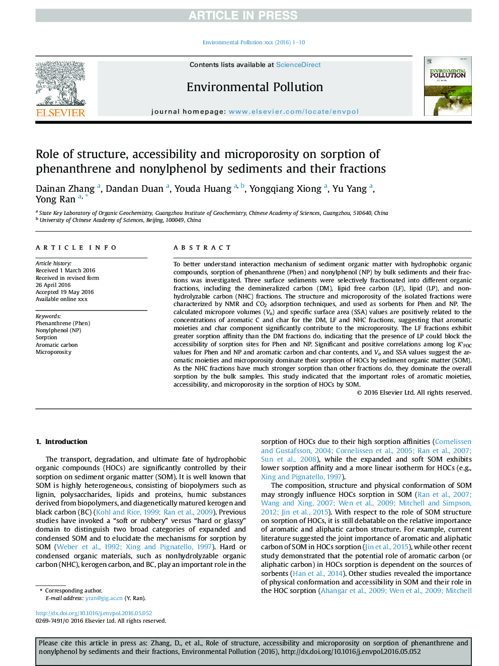 Role of structure, accessibility and microporosity on sorption of phenanthrene and nonylphenol by sediments and their fractions