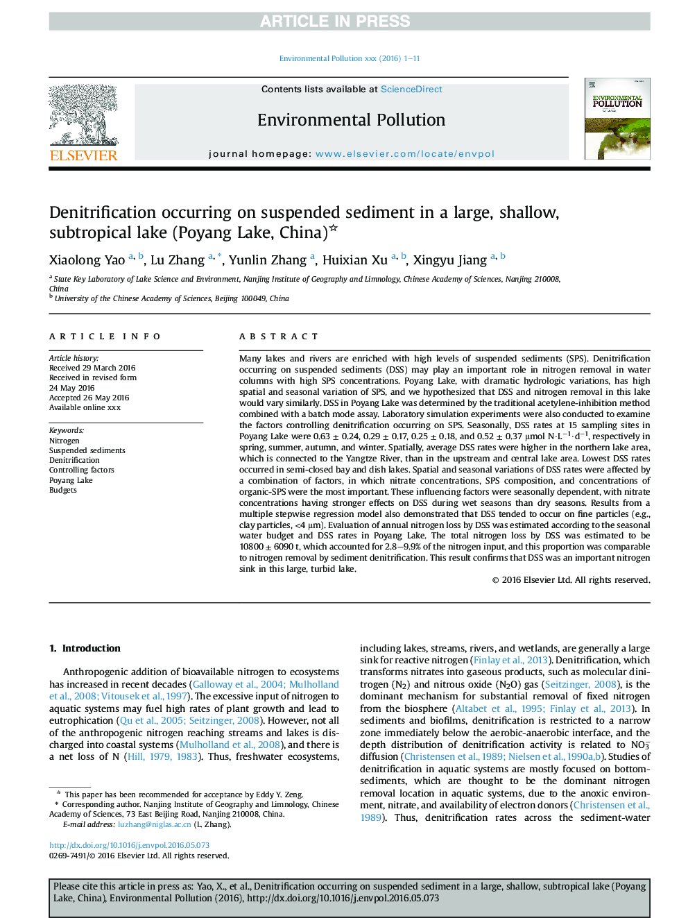 Denitrification occurring on suspended sediment in a large, shallow, subtropical lake (Poyang Lake, China)