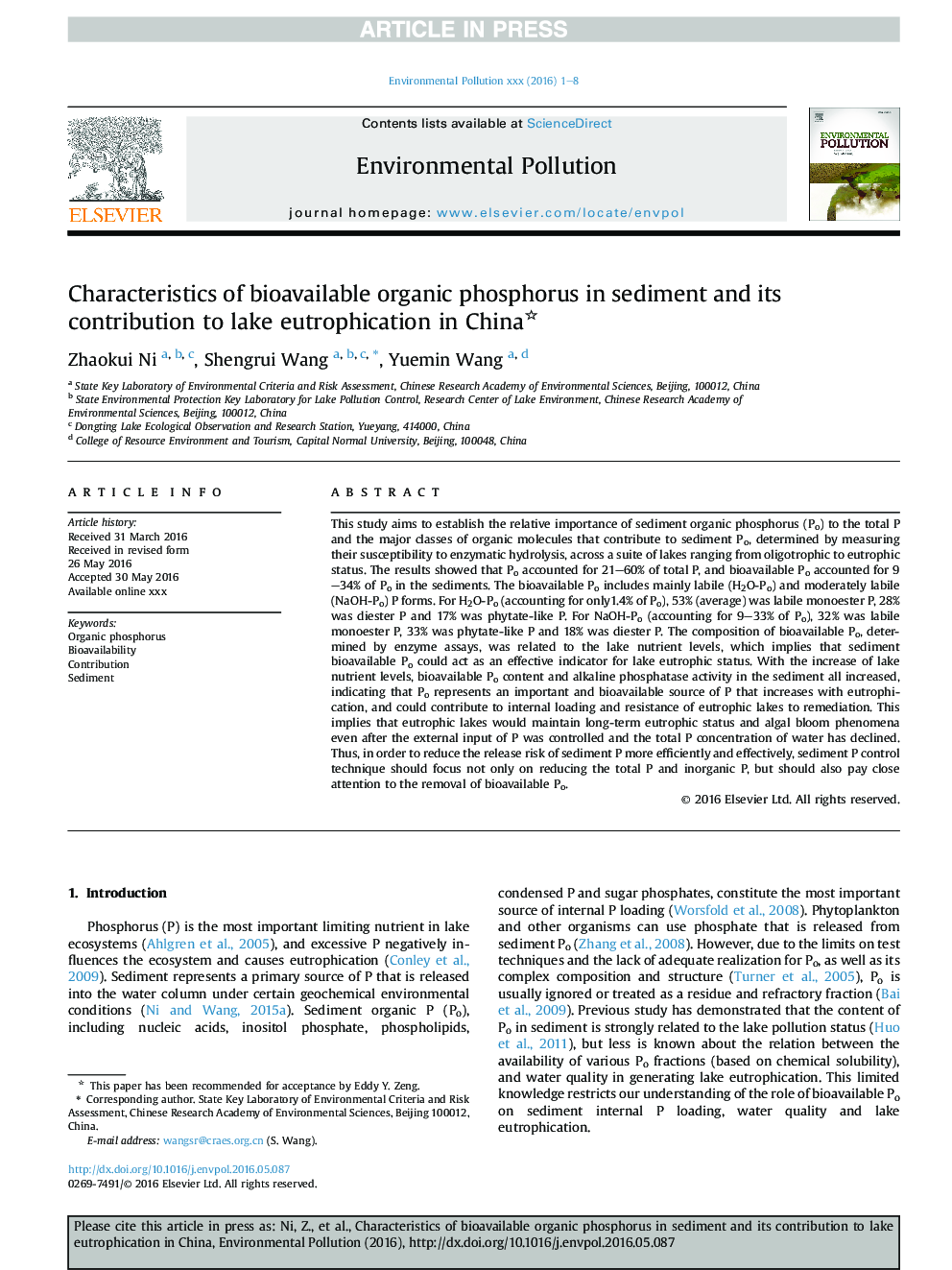 Characteristics of bioavailable organic phosphorus in sediment and its contribution to lake eutrophication in China