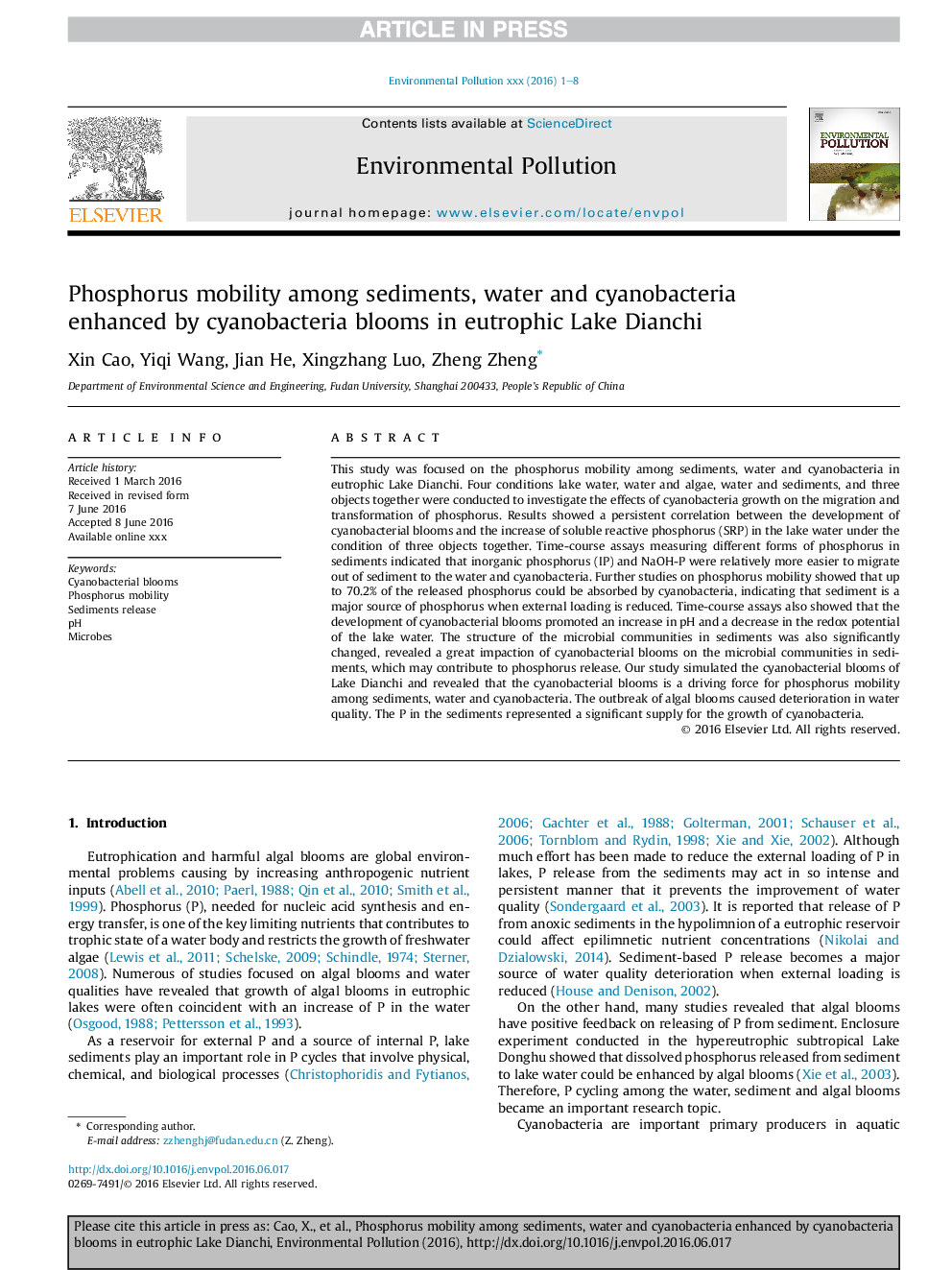 Phosphorus mobility among sediments, water and cyanobacteria enhanced by cyanobacteria blooms in eutrophic Lake Dianchi