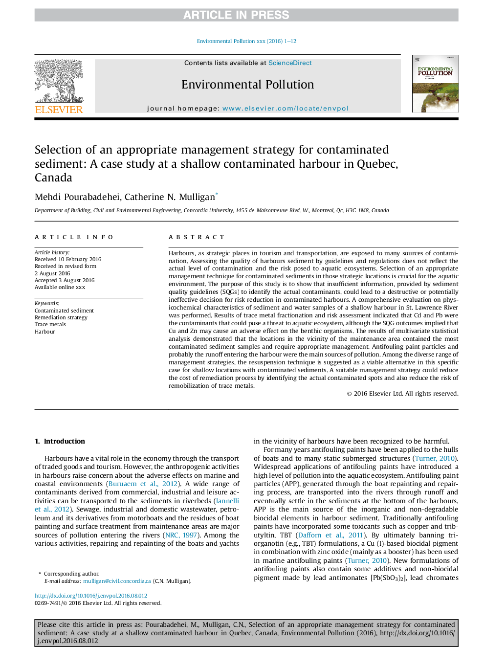 Selection of an appropriate management strategy for contaminated sediment: A case study at a shallow contaminated harbour in Quebec, Canada