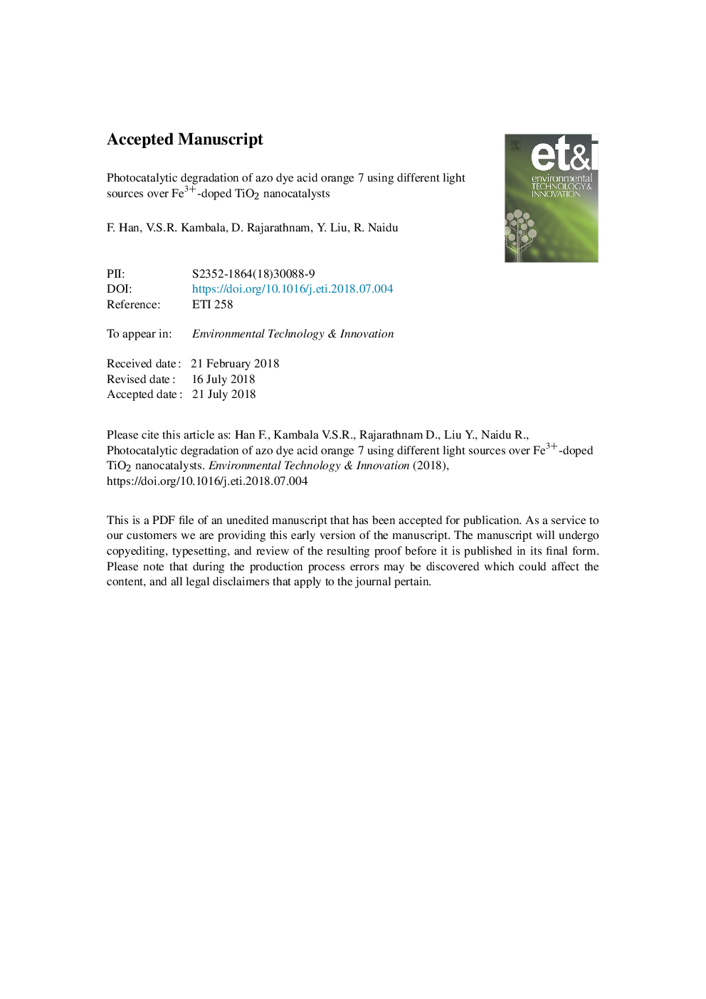 Photocatalytic degradation of azo dye acid orange 7 using different light sources over Fe3+-doped TiO2 nanocatalysts