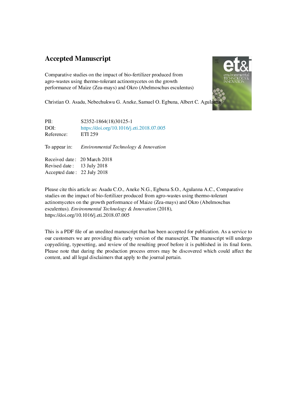 Comparative studies on the impact of bio-fertilizer produced from agro-wastes using thermo-tolerant actinomycetes on the growth performance of Maize (Zea-mays) and Okro (Abelmoschus esculentus)