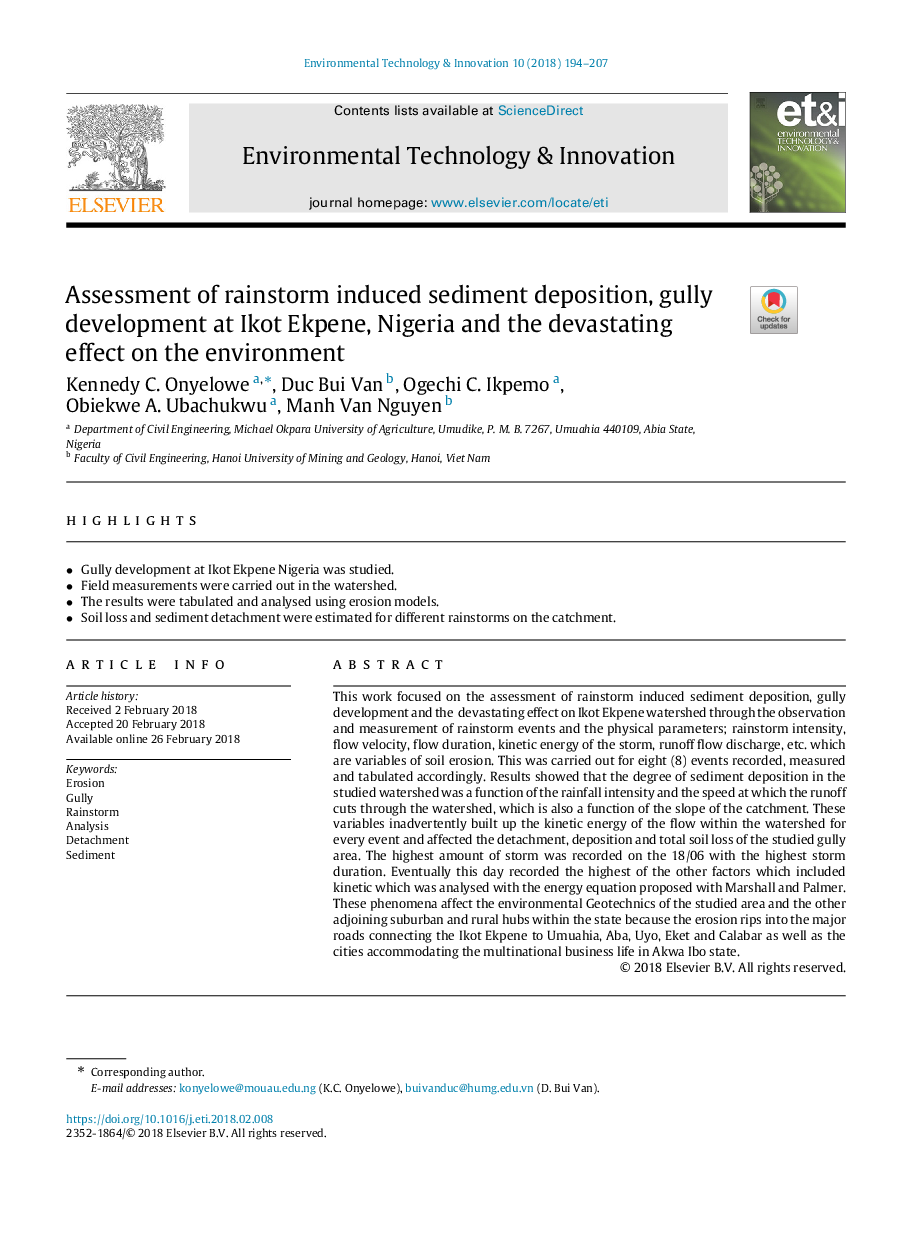 Assessment of rainstorm induced sediment deposition, gully development at Ikot Ekpene, Nigeria and the devastating effect on the environment