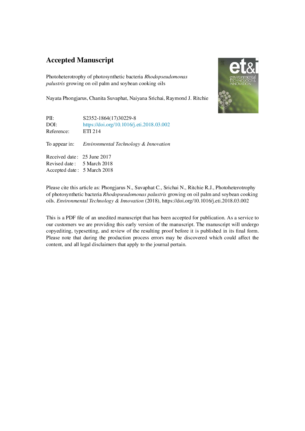 Photoheterotrophy of photosynthetic bacteria (Rhodopseudomonas palustris) growing on oil palm and soybean cooking oils