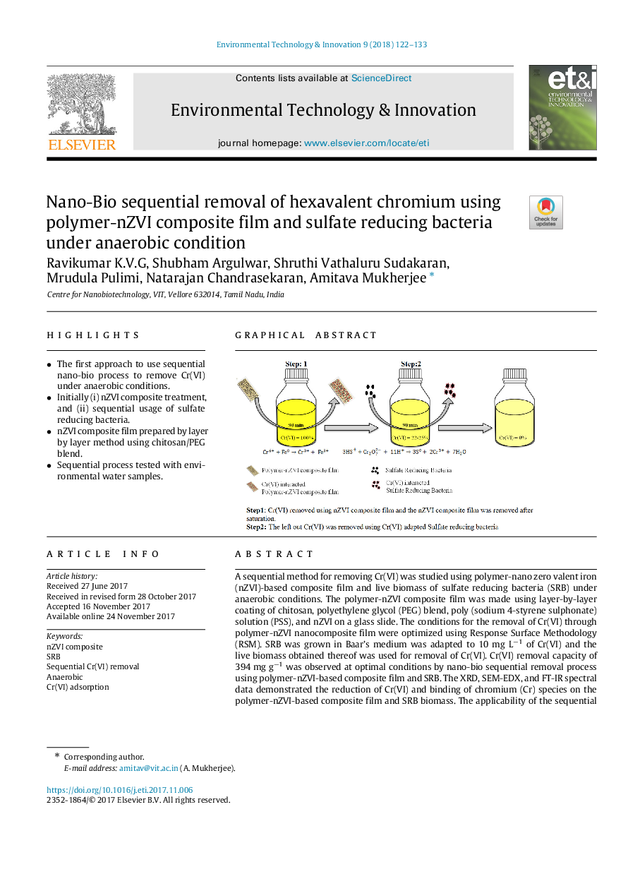 Nano-Bio sequential removal of hexavalent chromium using polymer-nZVI composite film and sulfate reducing bacteria under anaerobic condition