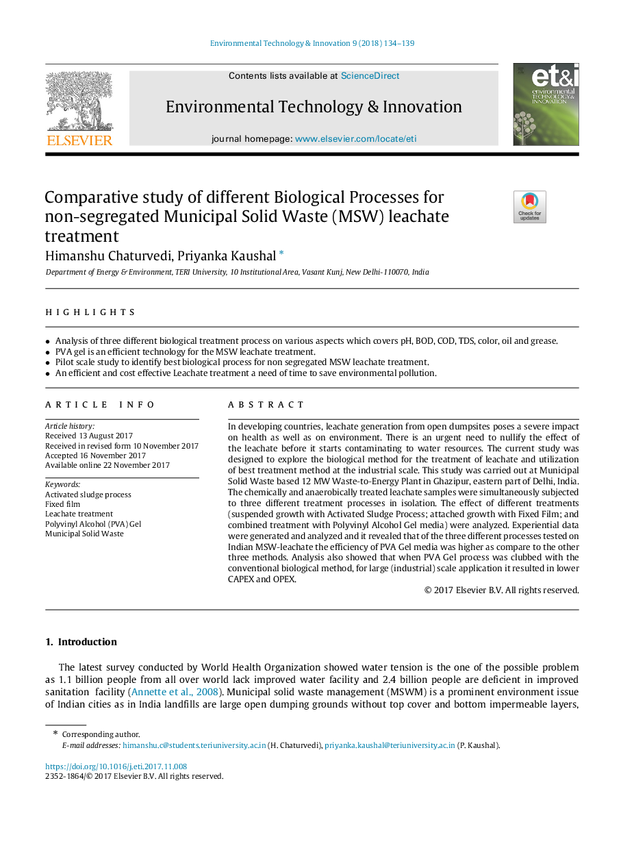 Comparative study of different Biological Processes for non-segregated Municipal Solid Waste (MSW) leachate treatment