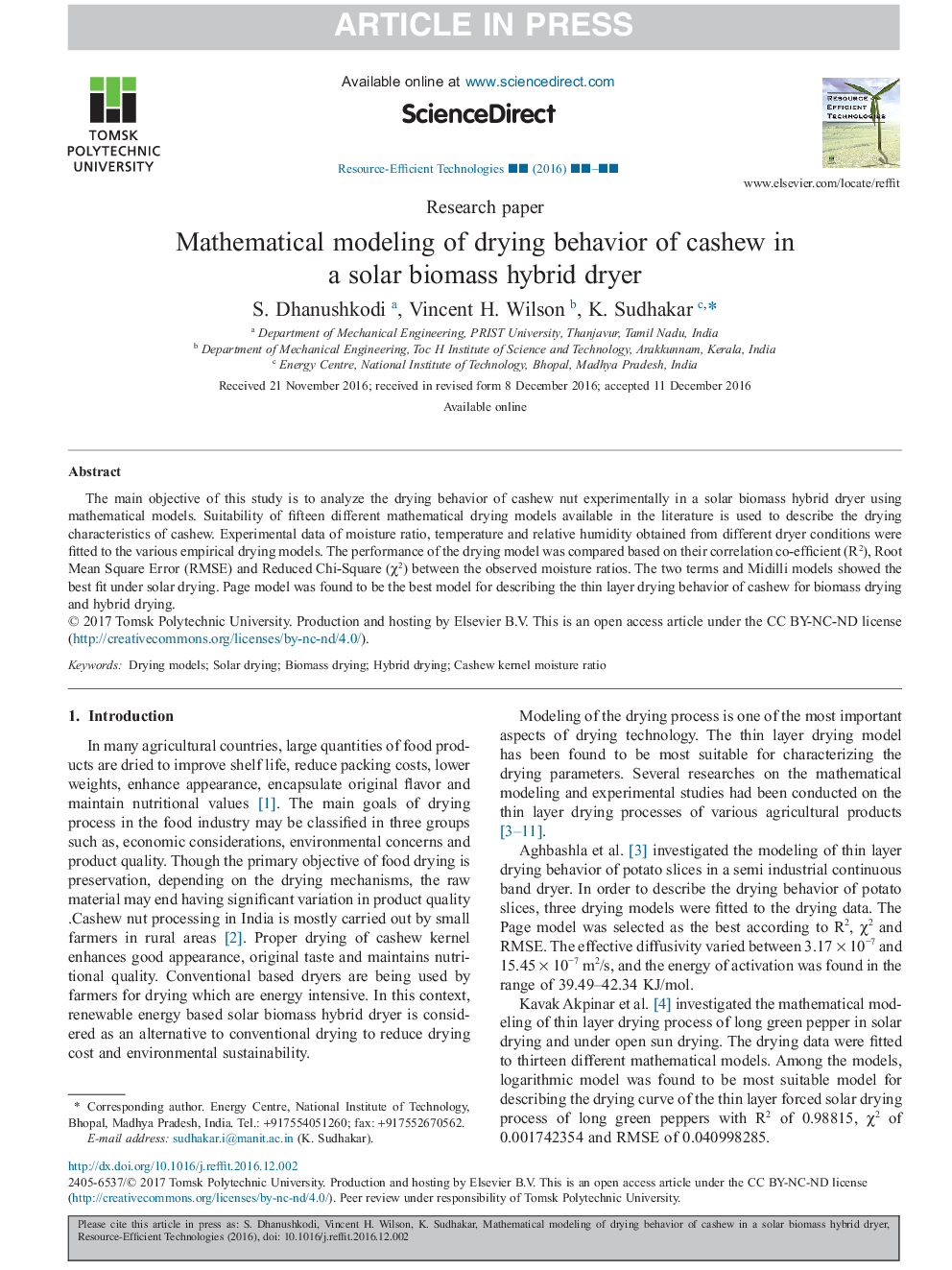 Mathematical modeling of drying behavior of cashew in a solar biomass hybrid dryer