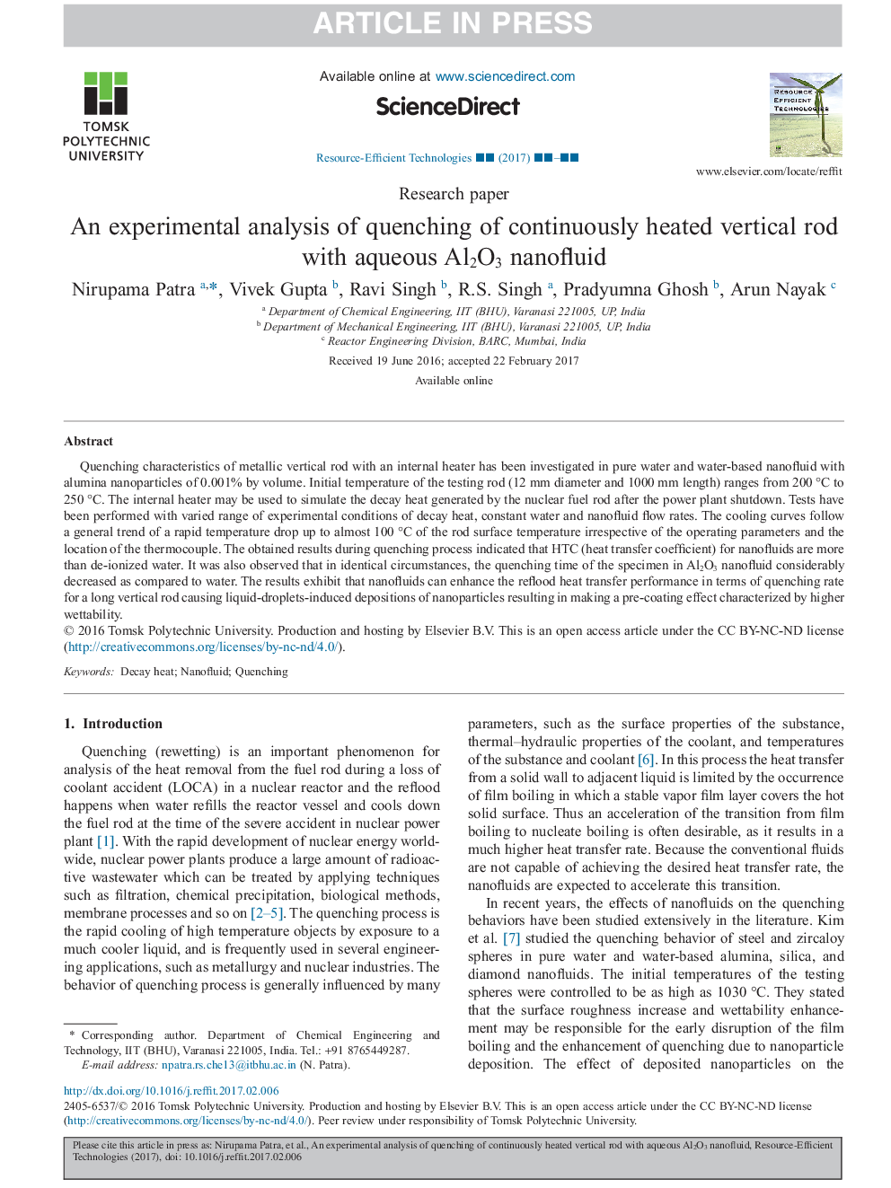 An experimental analysis of quenching of continuously heated vertical rod with aqueous Al2O3 nanofluid