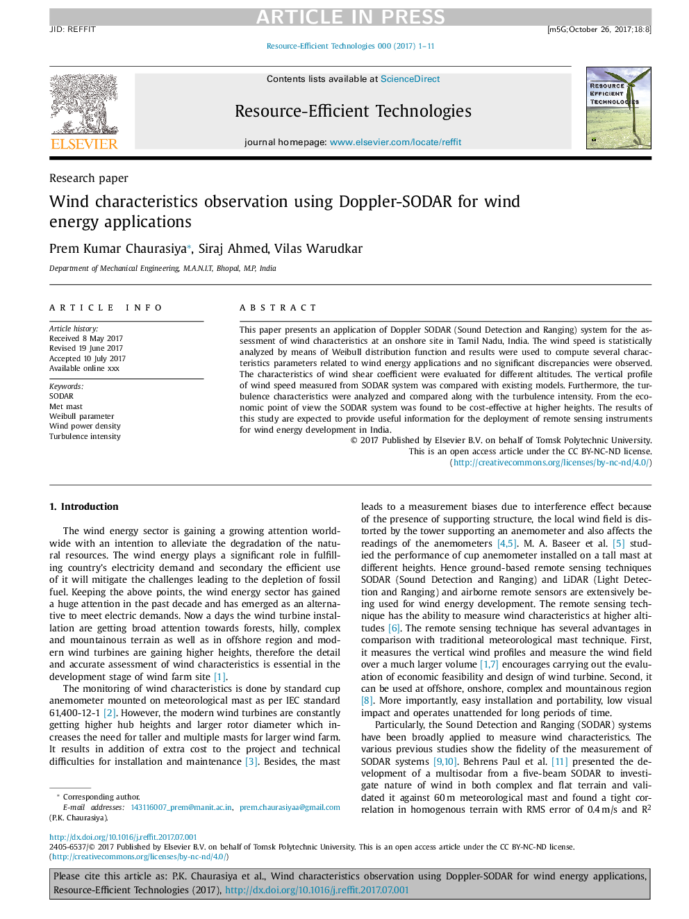 Wind characteristics observation using Doppler-SODAR for wind energy applications