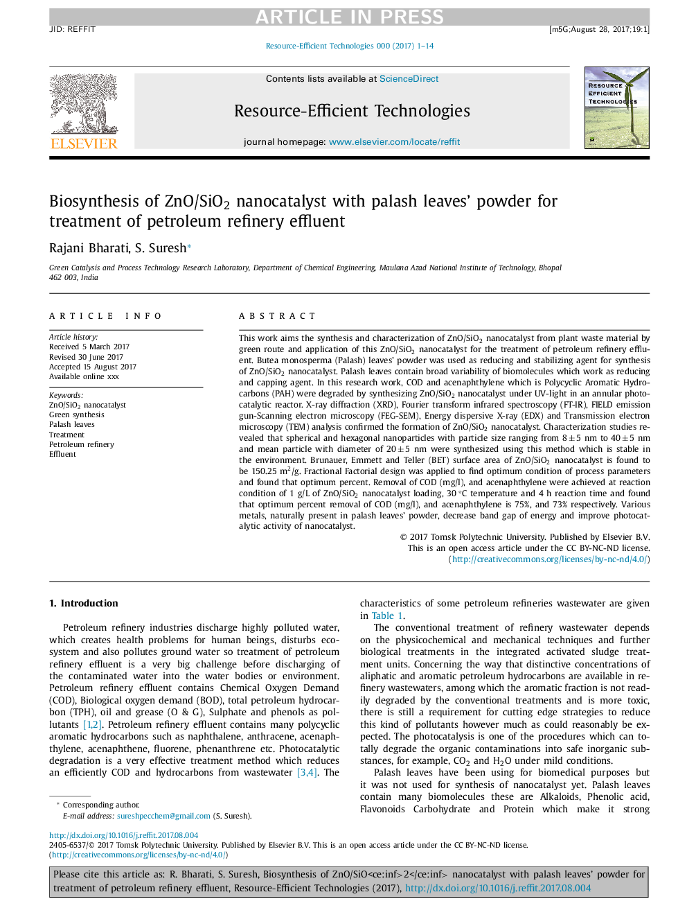 Biosynthesis of ZnO/SiO2 nanocatalyst with palash leaves' powder for treatment of petroleum refinery effluent