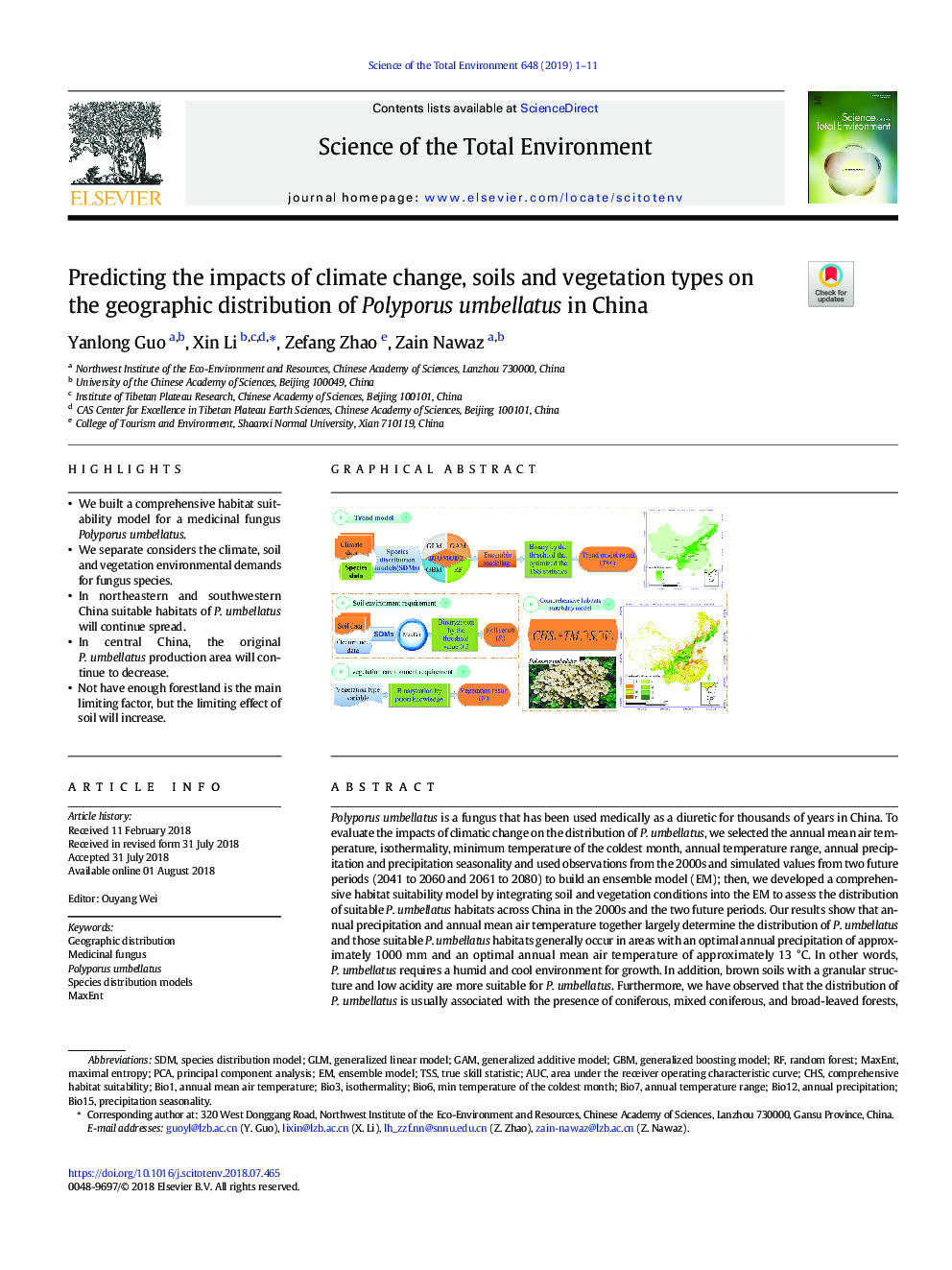 Predicting the impacts of climate change, soils and vegetation types on the geographic distribution of Polyporus umbellatus in China