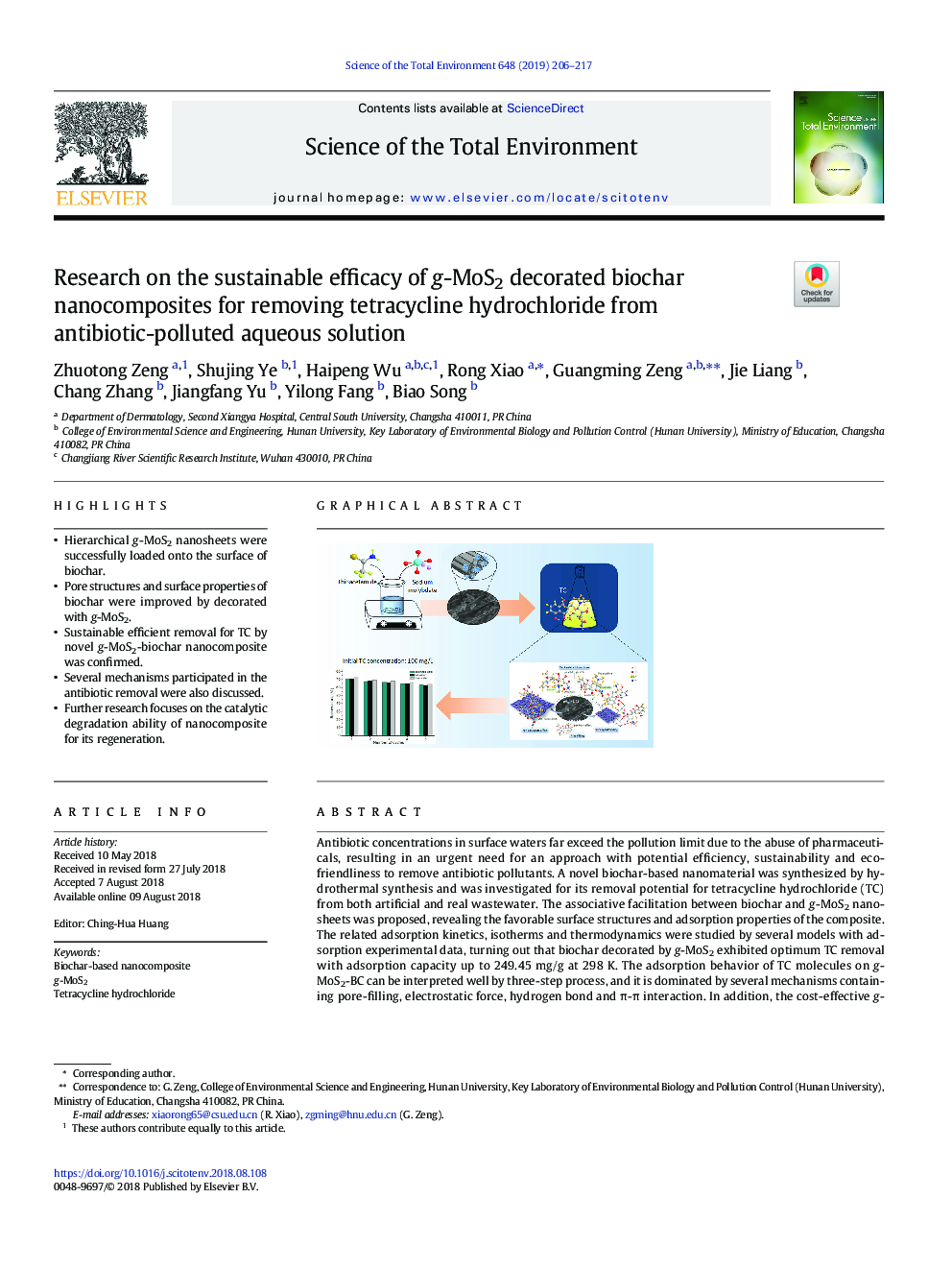 Research on the sustainable efficacy of g-MoS2 decorated biochar nanocomposites for removing tetracycline hydrochloride from antibiotic-polluted aqueous solution