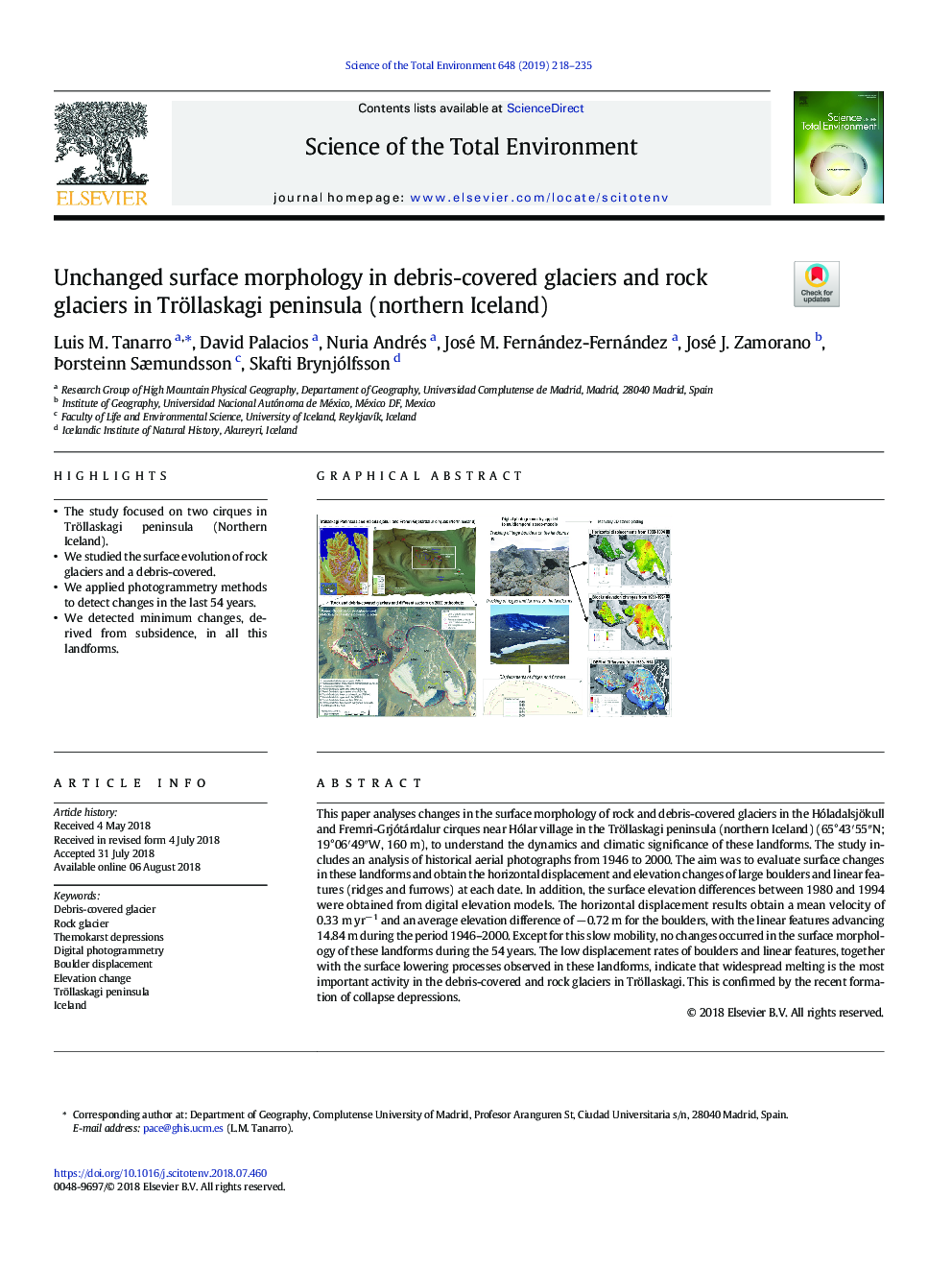Unchanged surface morphology in debris-covered glaciers and rock glaciers in Tröllaskagi peninsula (northern Iceland)