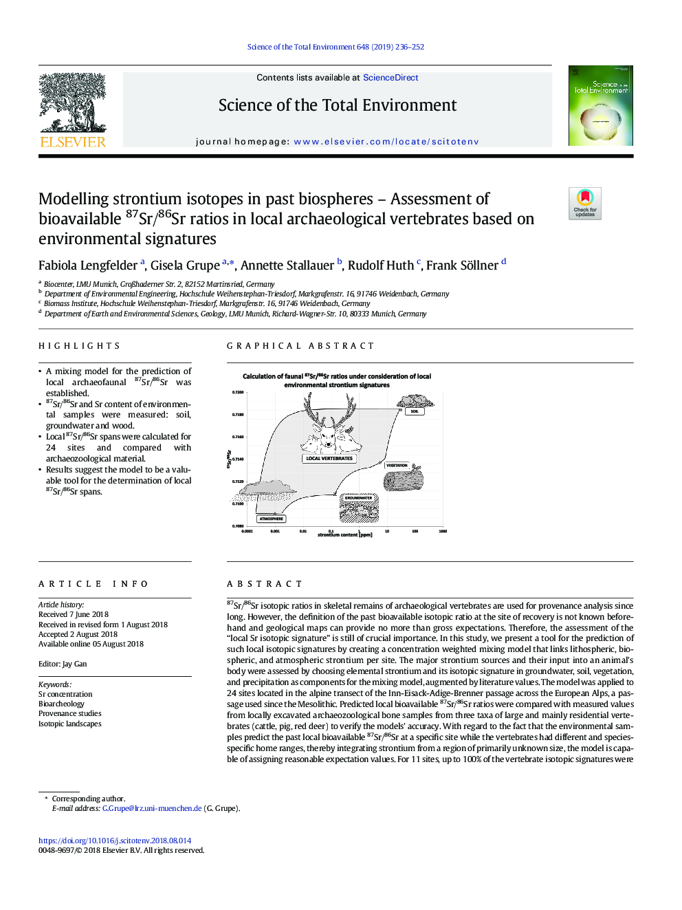 Modelling strontium isotopes in past biospheres - Assessment of bioavailable 87Sr/86Sr ratios in local archaeological vertebrates based on environmental signatures