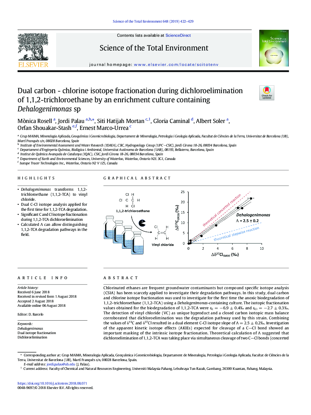 Dual carbon - chlorine isotope fractionation during dichloroelimination of 1,1,2-trichloroethane by an enrichment culture containing Dehalogenimonas sp