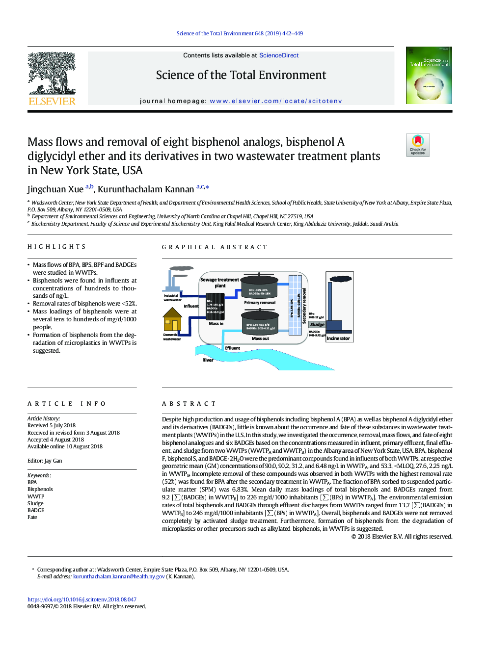 Mass flows and removal of eight bisphenol analogs, bisphenol A diglycidyl ether and its derivatives in two wastewater treatment plants in New York State, USA