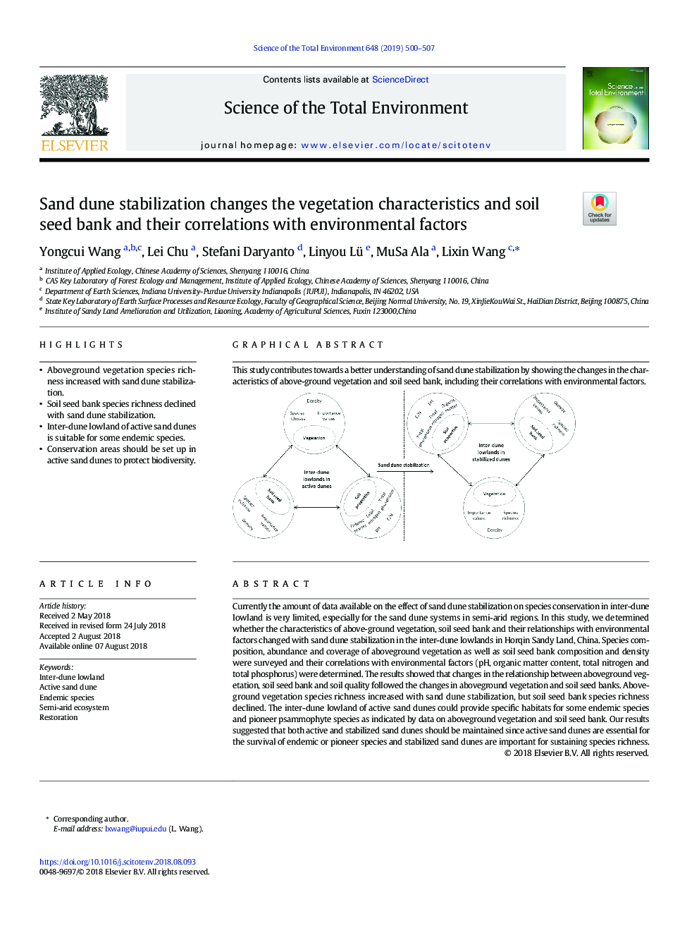 Sand dune stabilization changes the vegetation characteristics and soil seed bank and their correlations with environmental factors