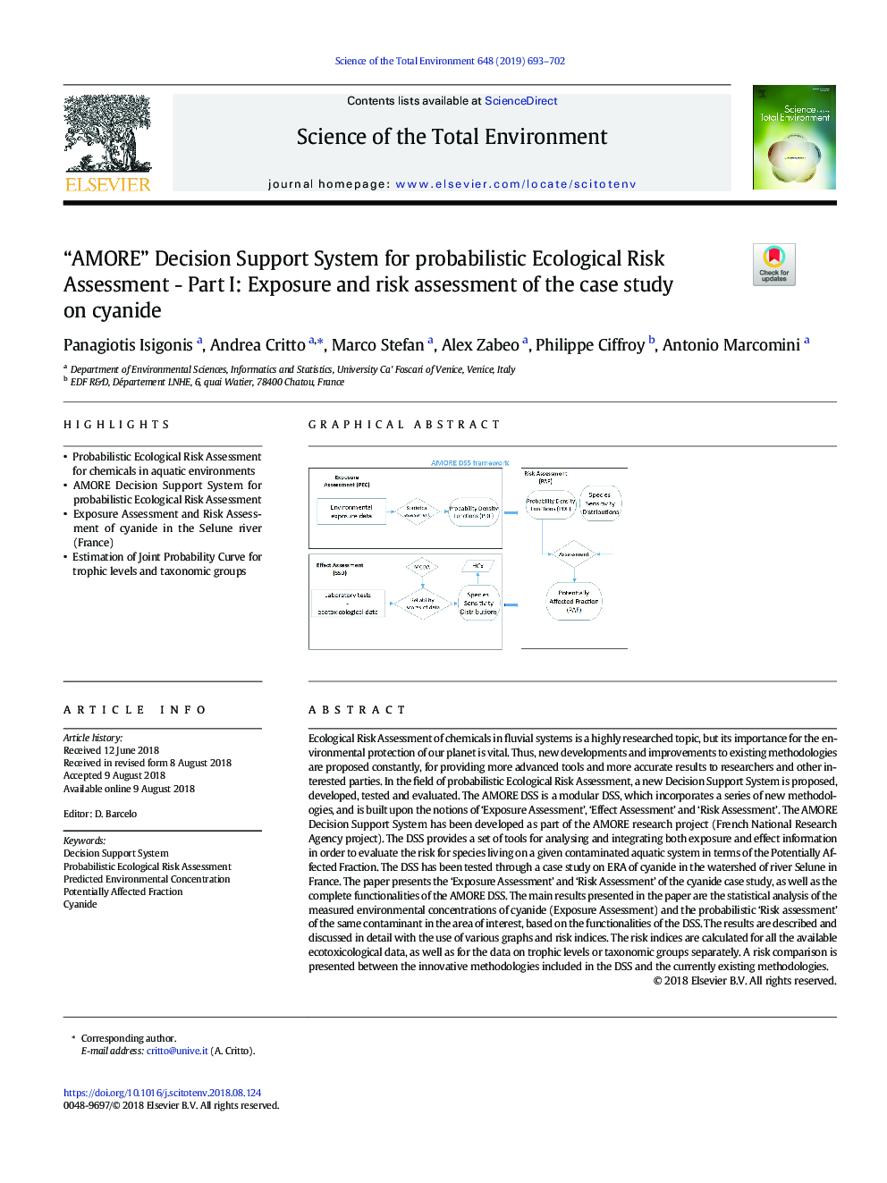 “AMORE” Decision Support System for probabilistic Ecological Risk Assessment - Part I: Exposure and risk assessment of the case study on cyanide