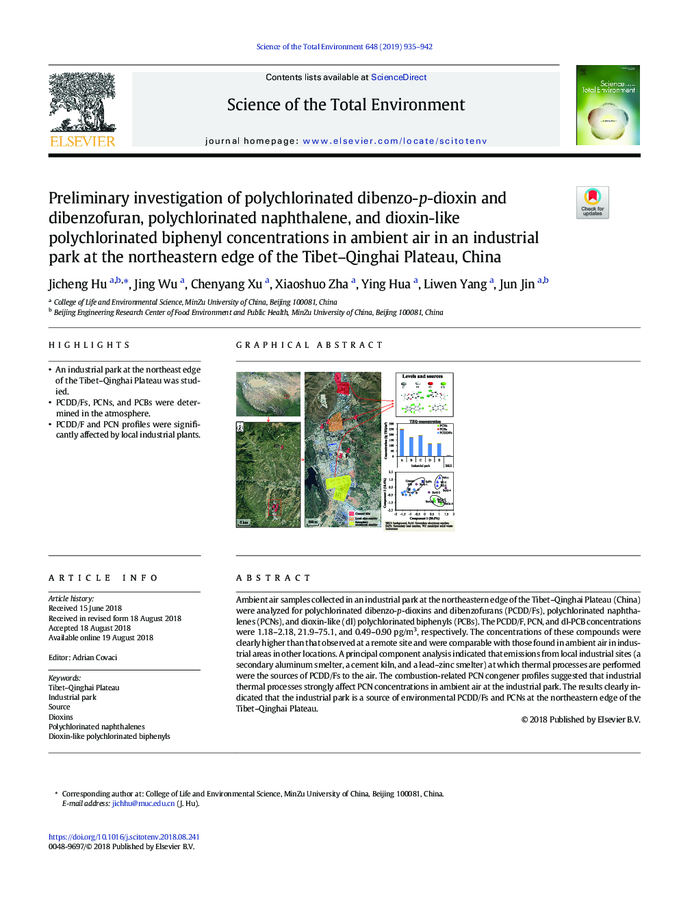 Preliminary investigation of polychlorinated dibenzo-p-dioxin and dibenzofuran, polychlorinated naphthalene, and dioxin-like polychlorinated biphenyl concentrations in ambient air in an industrial park at the northeastern edge of the Tibet-Qinghai Plateau