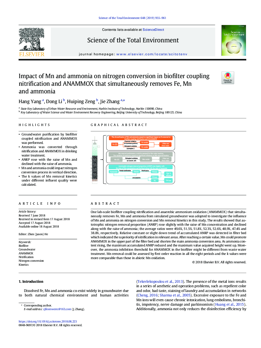 Impact of Mn and ammonia on nitrogen conversion in biofilter coupling nitrification and ANAMMOX that simultaneously removes Fe, Mn and ammonia