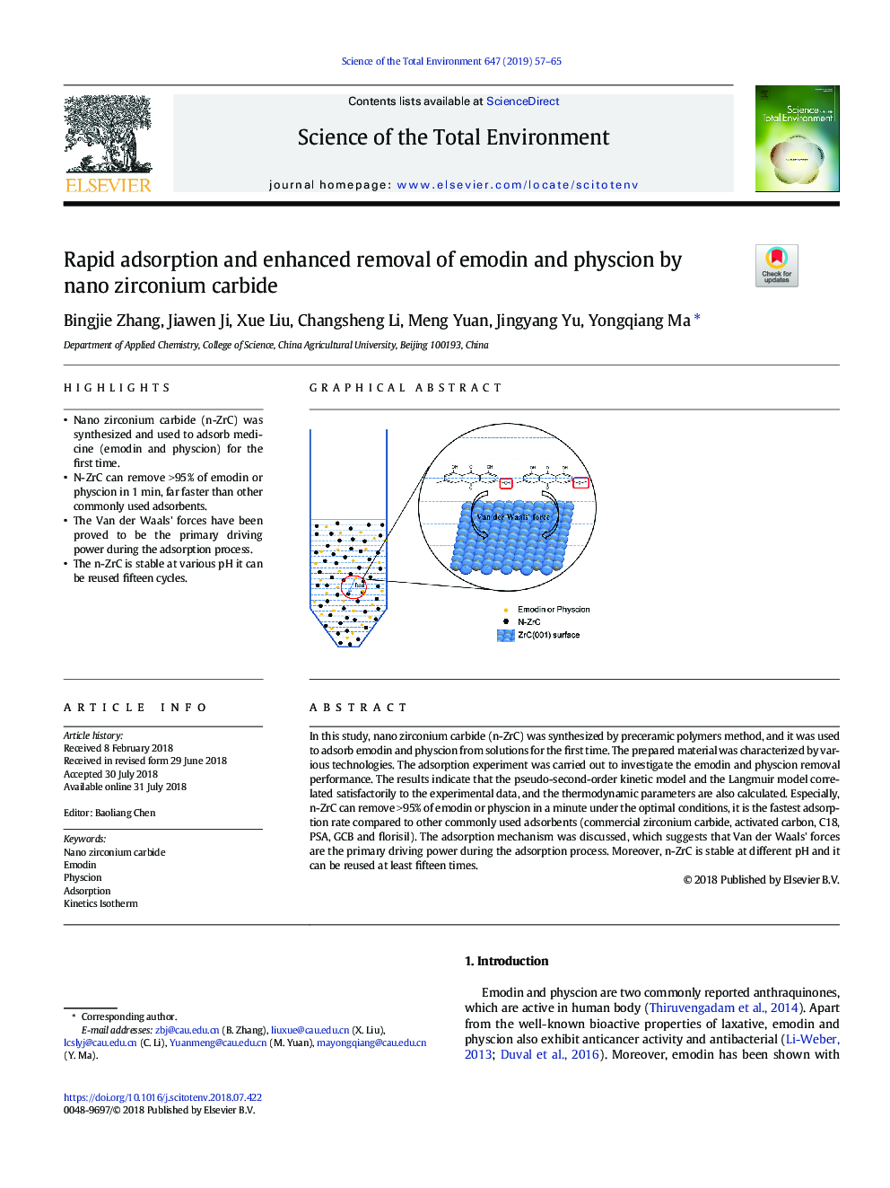 Rapid adsorption and enhanced removal of emodin and physcion by nano zirconium carbide