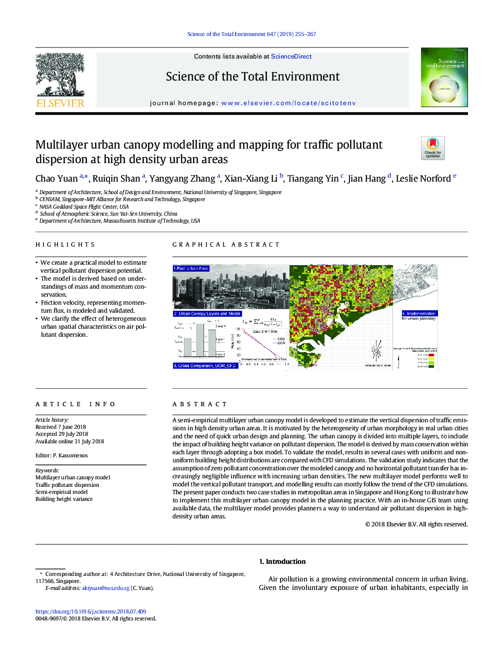 Multilayer urban canopy modelling and mapping for traffic pollutant dispersion at high density urban areas