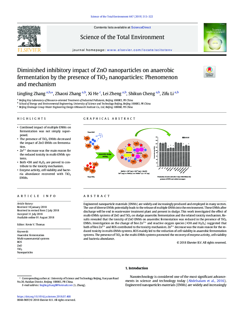 Diminished inhibitory impact of ZnO nanoparticles on anaerobic fermentation by the presence of TiO2 nanoparticles: Phenomenon and mechanism