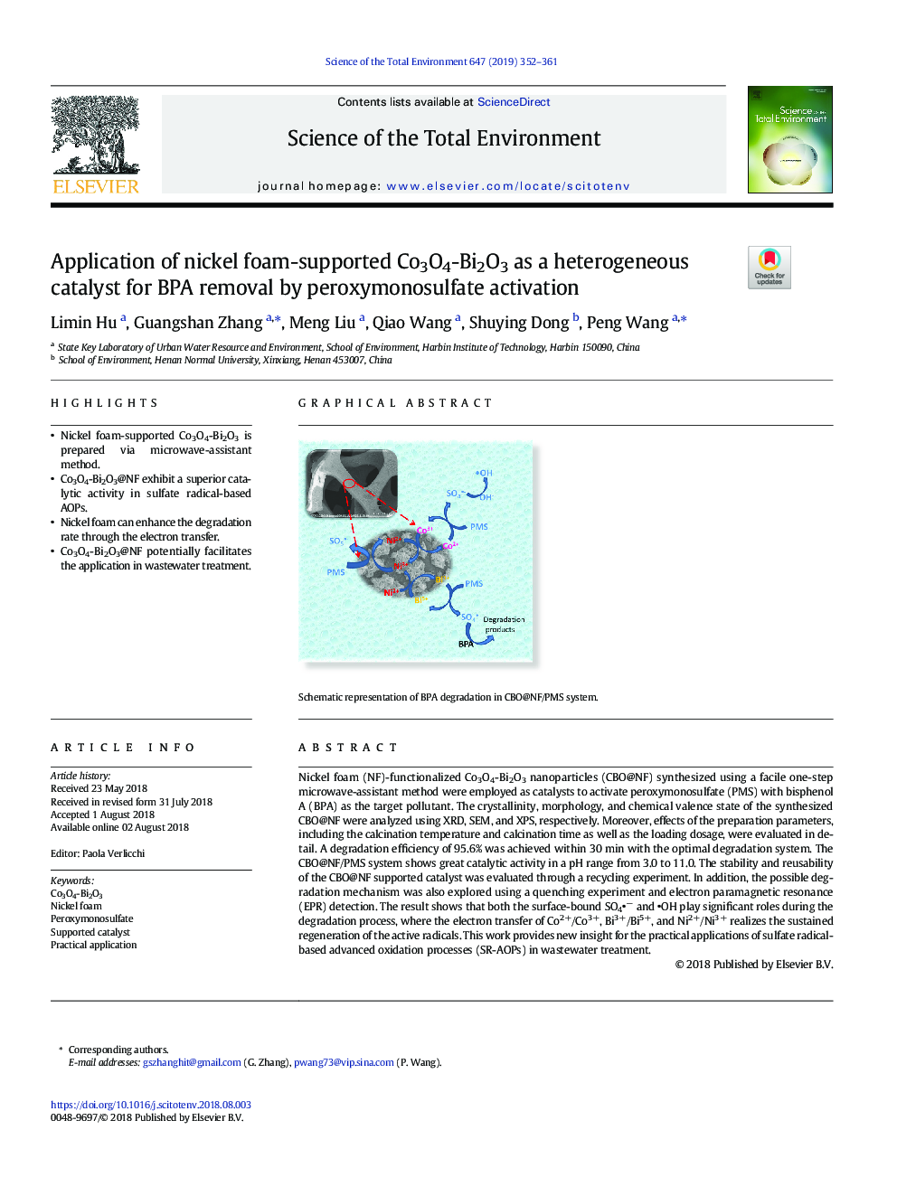 Application of nickel foam-supported Co3O4-Bi2O3 as a heterogeneous catalyst for BPA removal by peroxymonosulfate activation